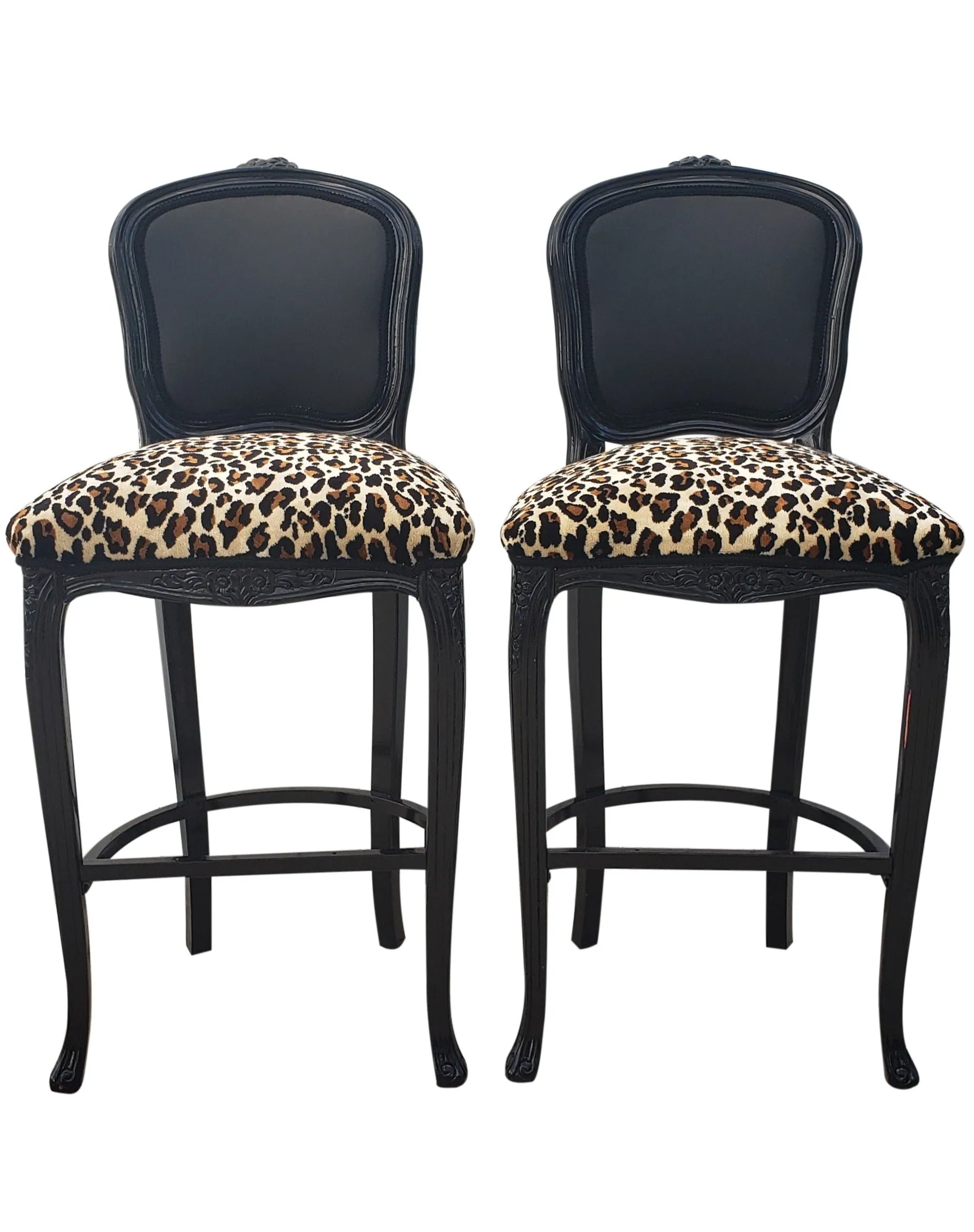 Leopard Bar Chairs - Baroque Louis XV Style Barstools - Pair