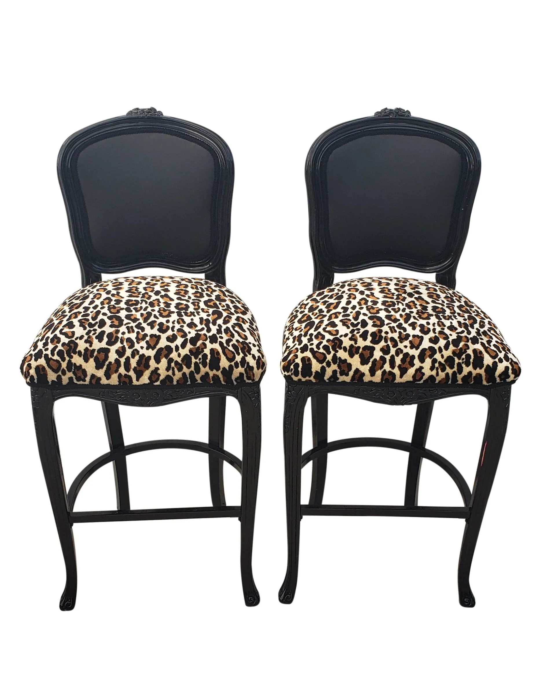 Leopard Bar Chairs - Baroque Louis XV Style Barstools - Pair