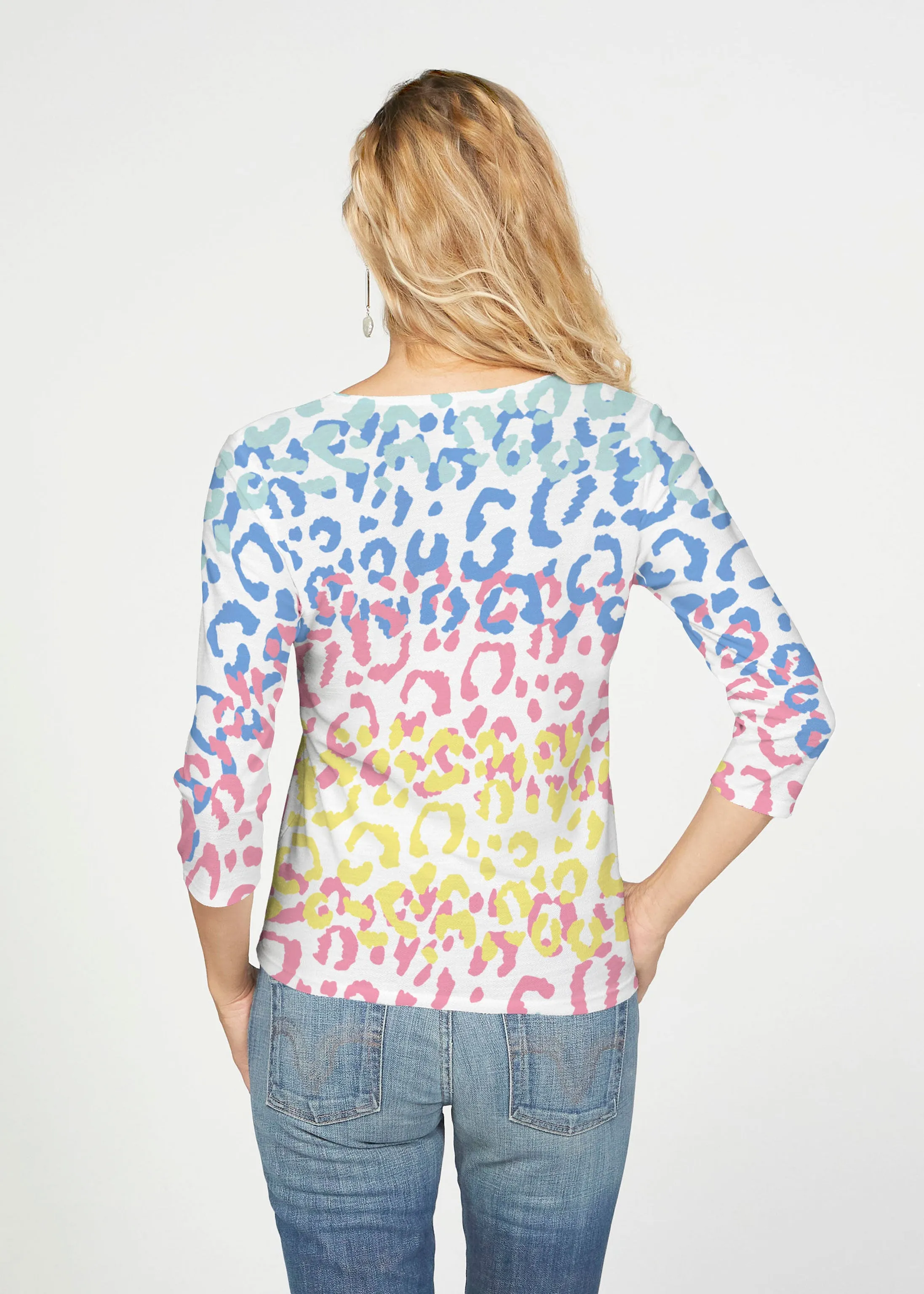 Leopard Ombre Rainbow (7899) ~ French Terry Tie 3/4 Sleeve Top