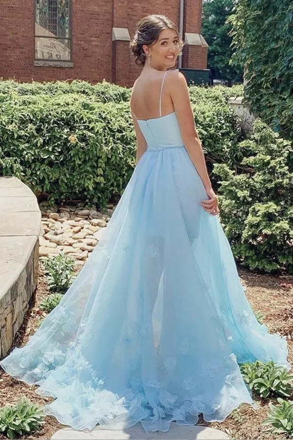 Light Blue Floral Long Prom Dresses Split Evening Dress With 3D Flowers TP1019