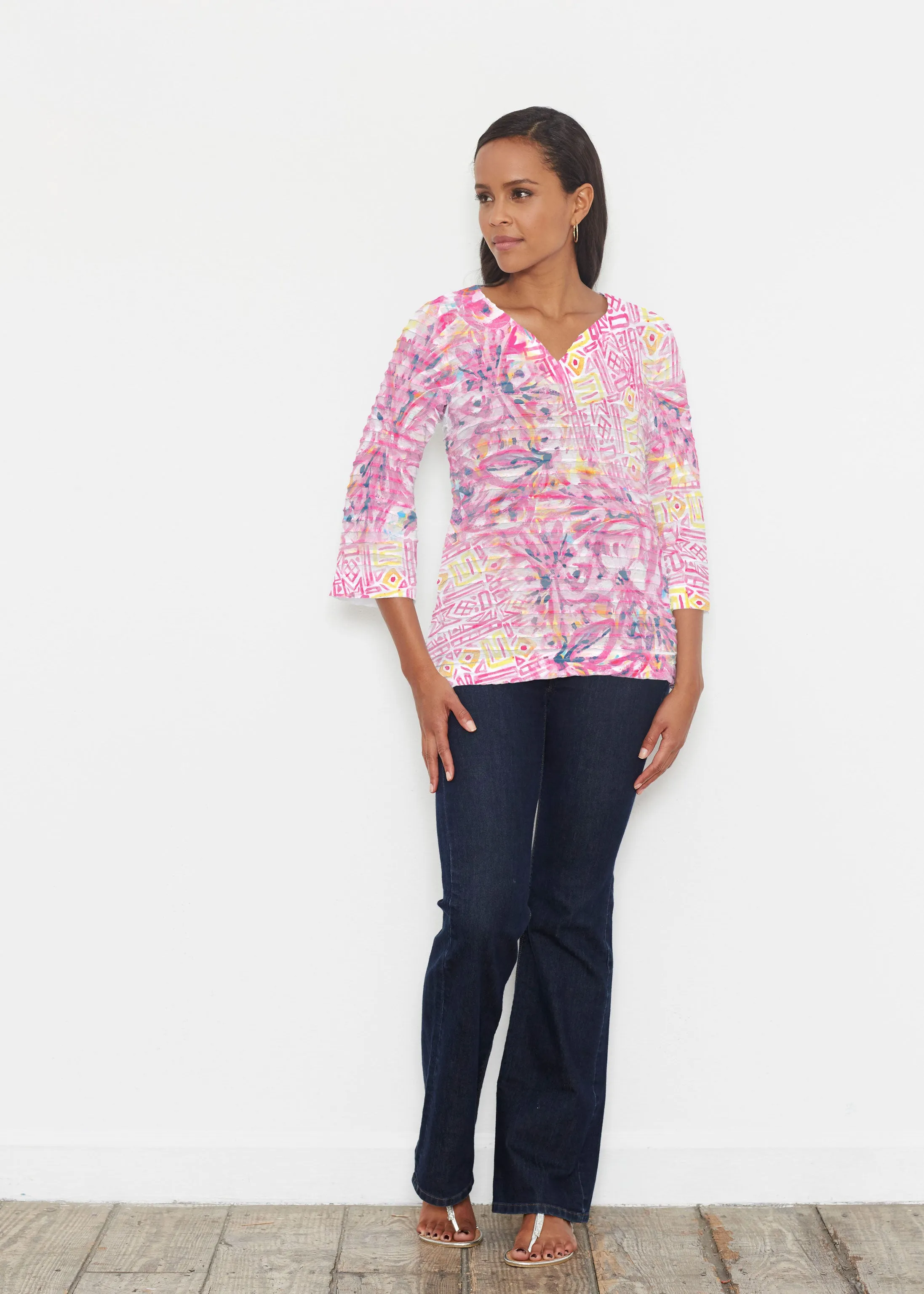 Lilly Pink (17250) ~ Banded 3/4 Bell-Sleeve V-Neck Tunic