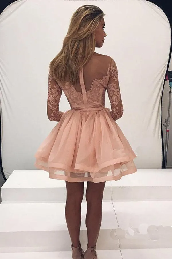 Long Sleeve Homecoming Dress Tulle Pink Graduation Dress PG197