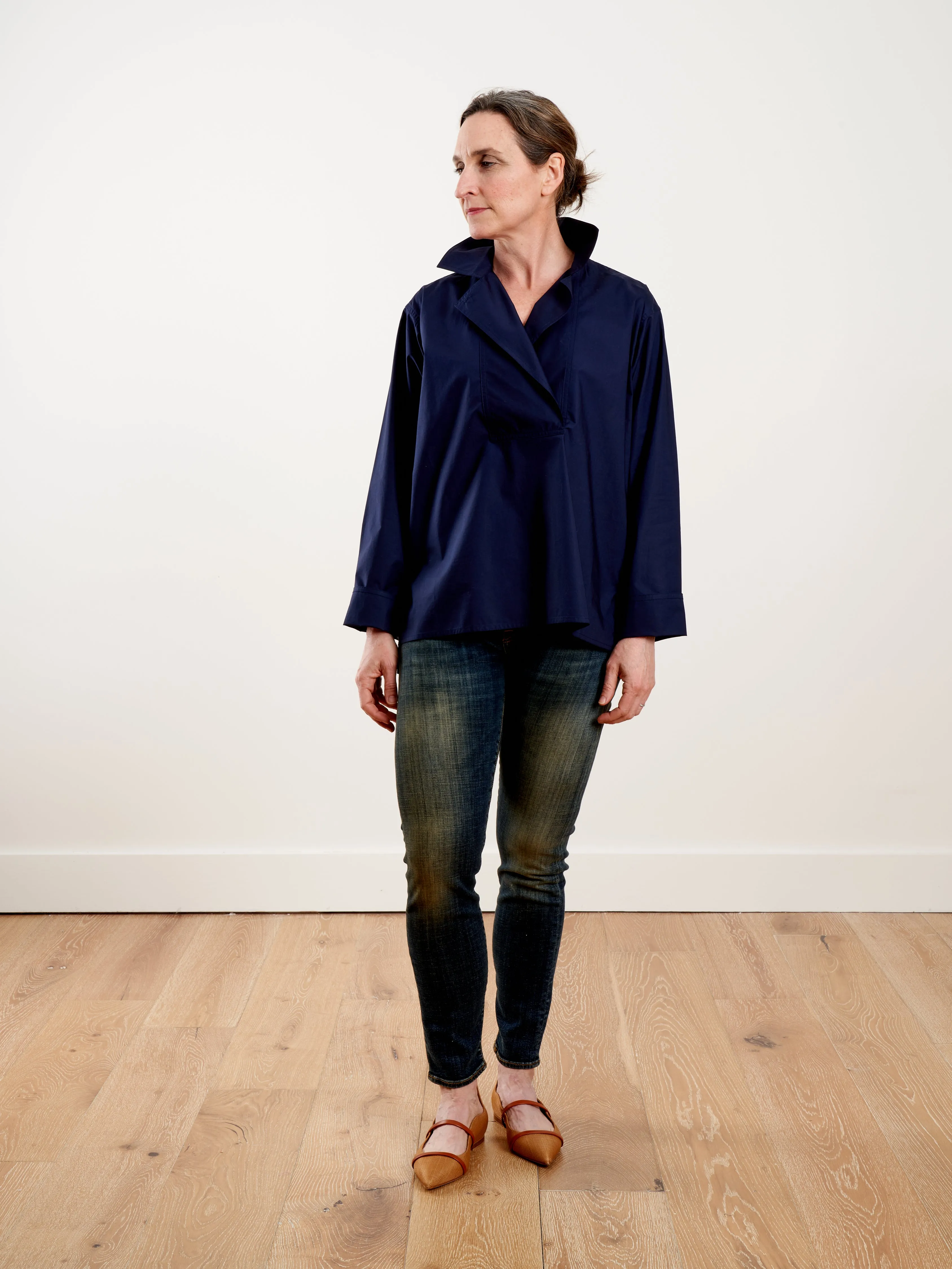 long sleeve top with collar and front flap - woven blue marine