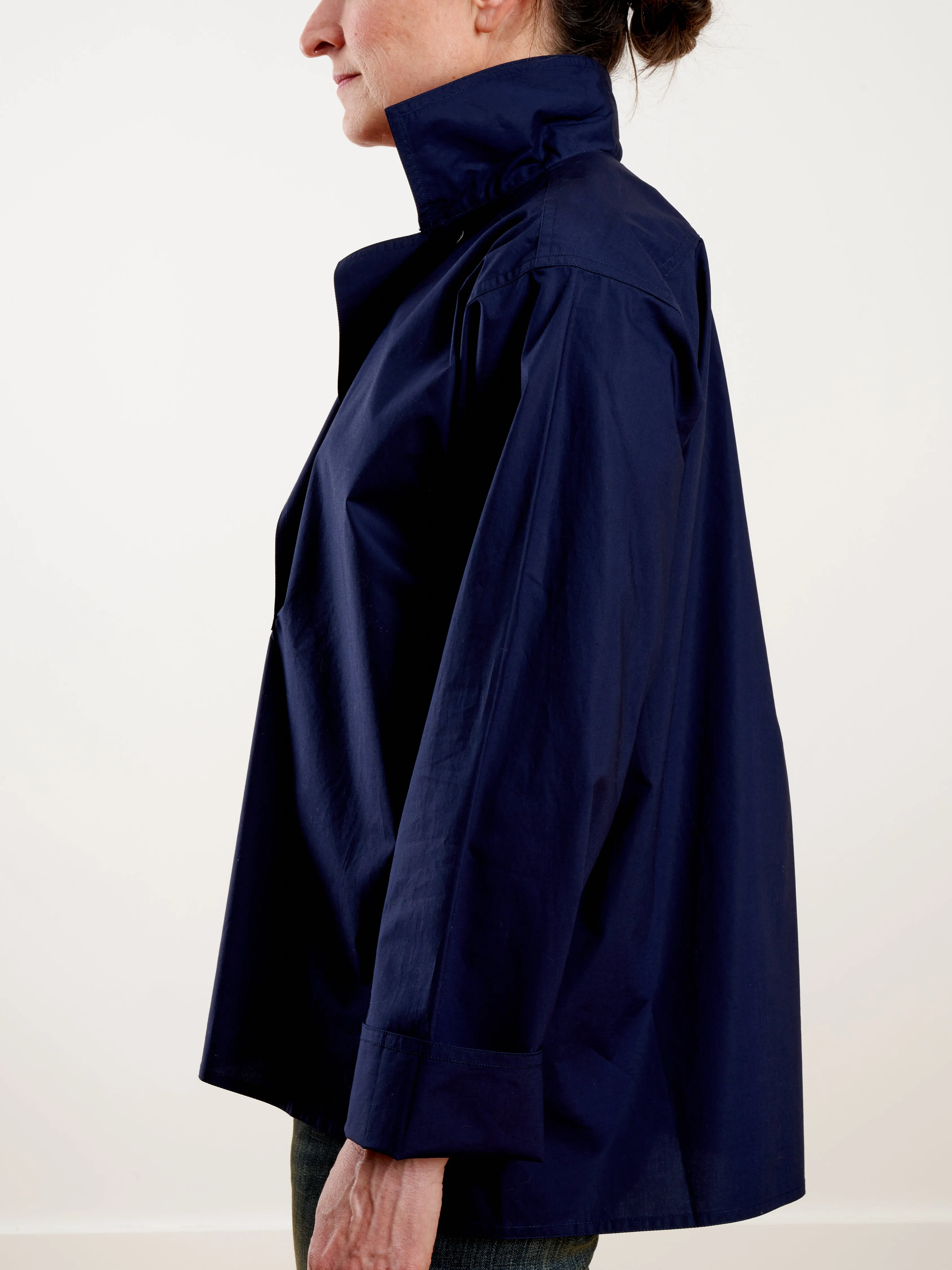 long sleeve top with collar and front flap - woven blue marine