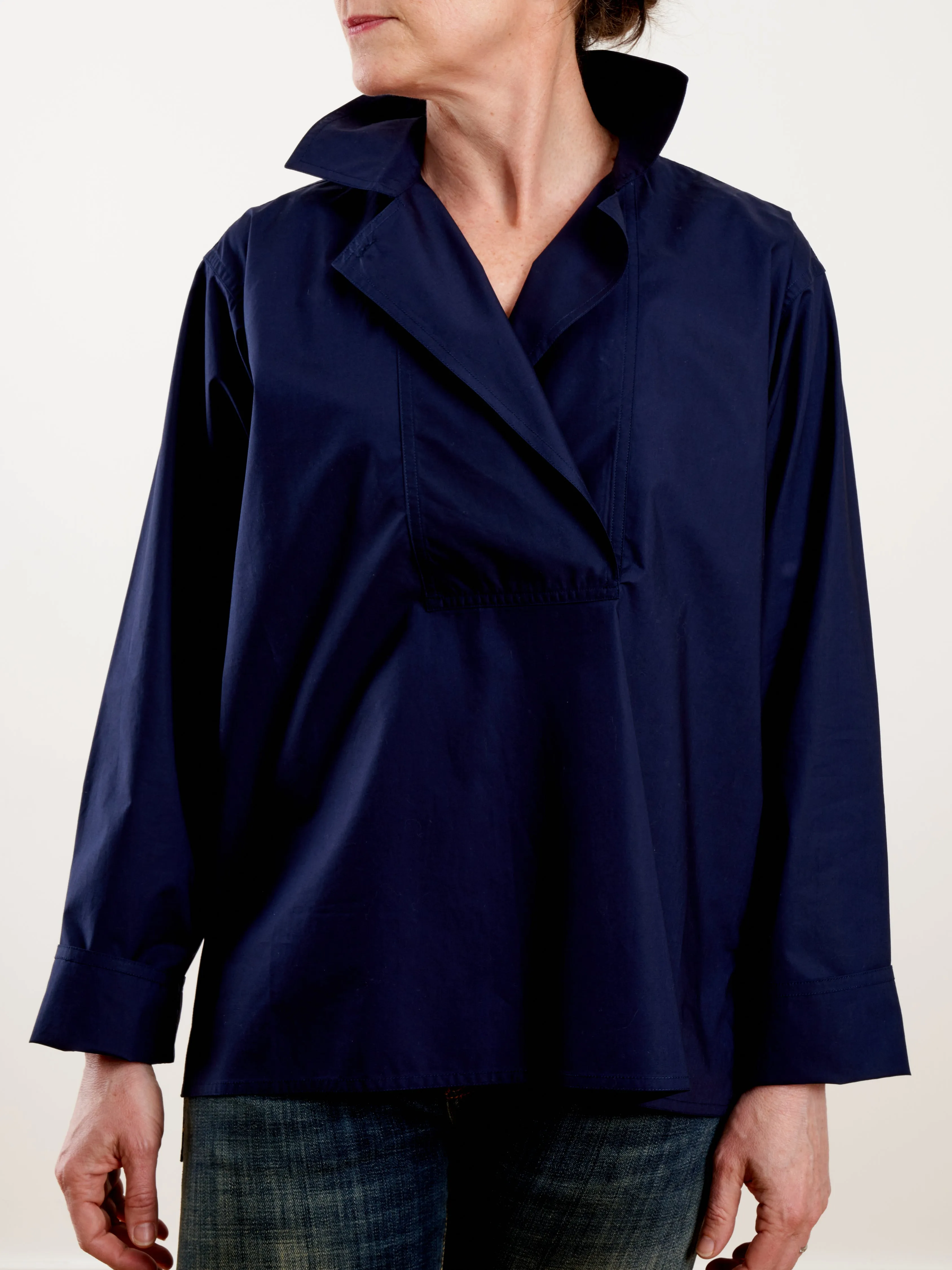 long sleeve top with collar and front flap - woven blue marine