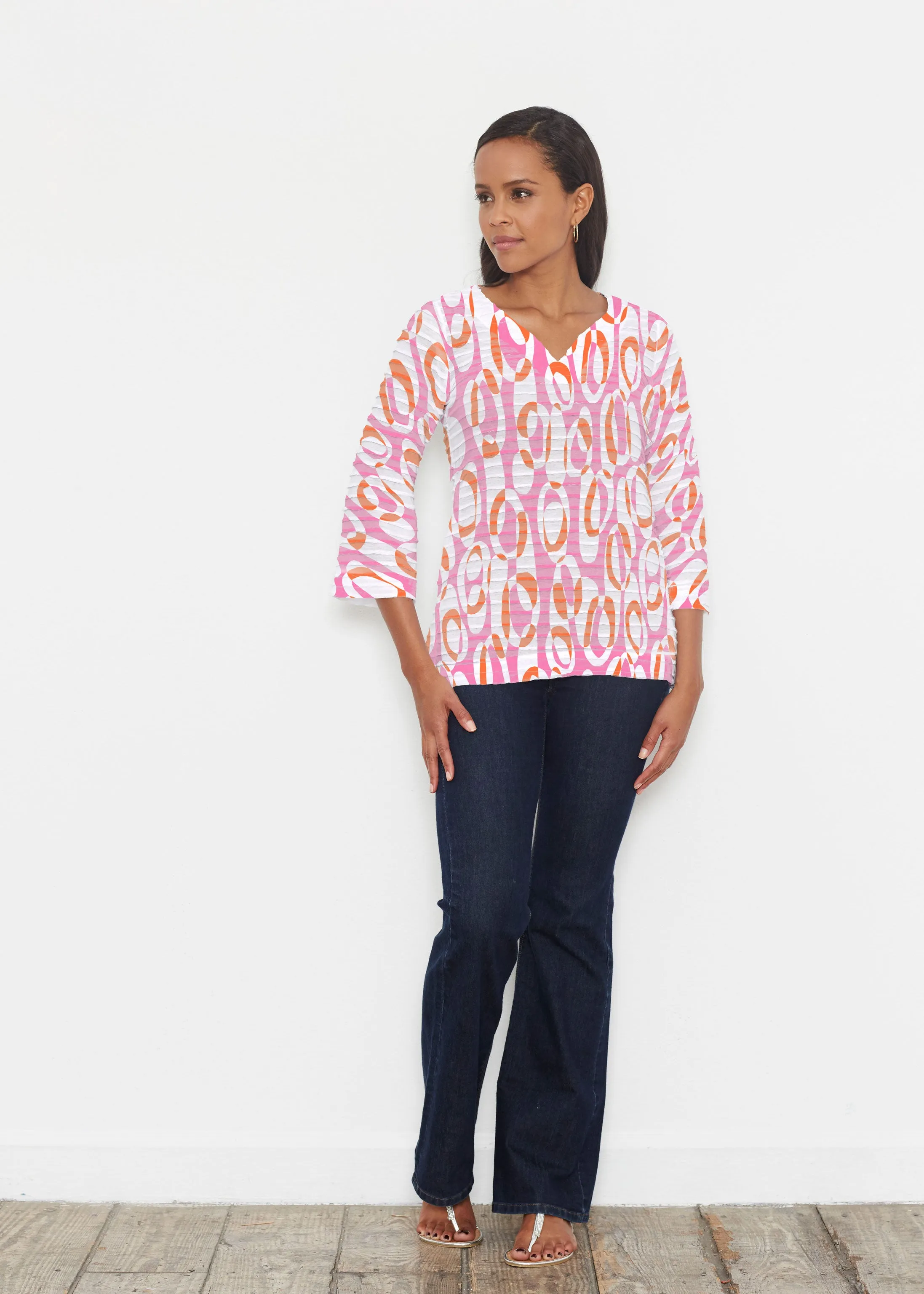 Loop ta Loop Pink (8085) ~ Banded 3/4 Bell-Sleeve V-Neck Tunic