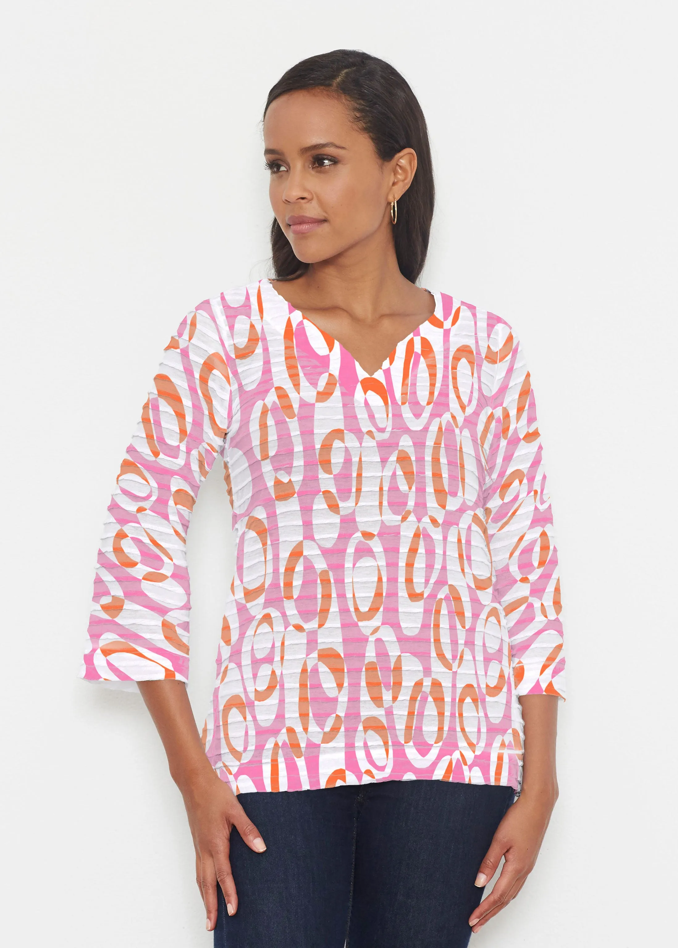 Loop ta Loop Pink (8085) ~ Banded 3/4 Bell-Sleeve V-Neck Tunic
