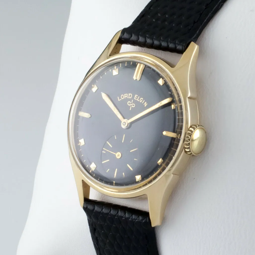 Lord Elgin Vintage 14k Yellow Gold Hand-Winding Watch Black Dial 1953 Mov #556