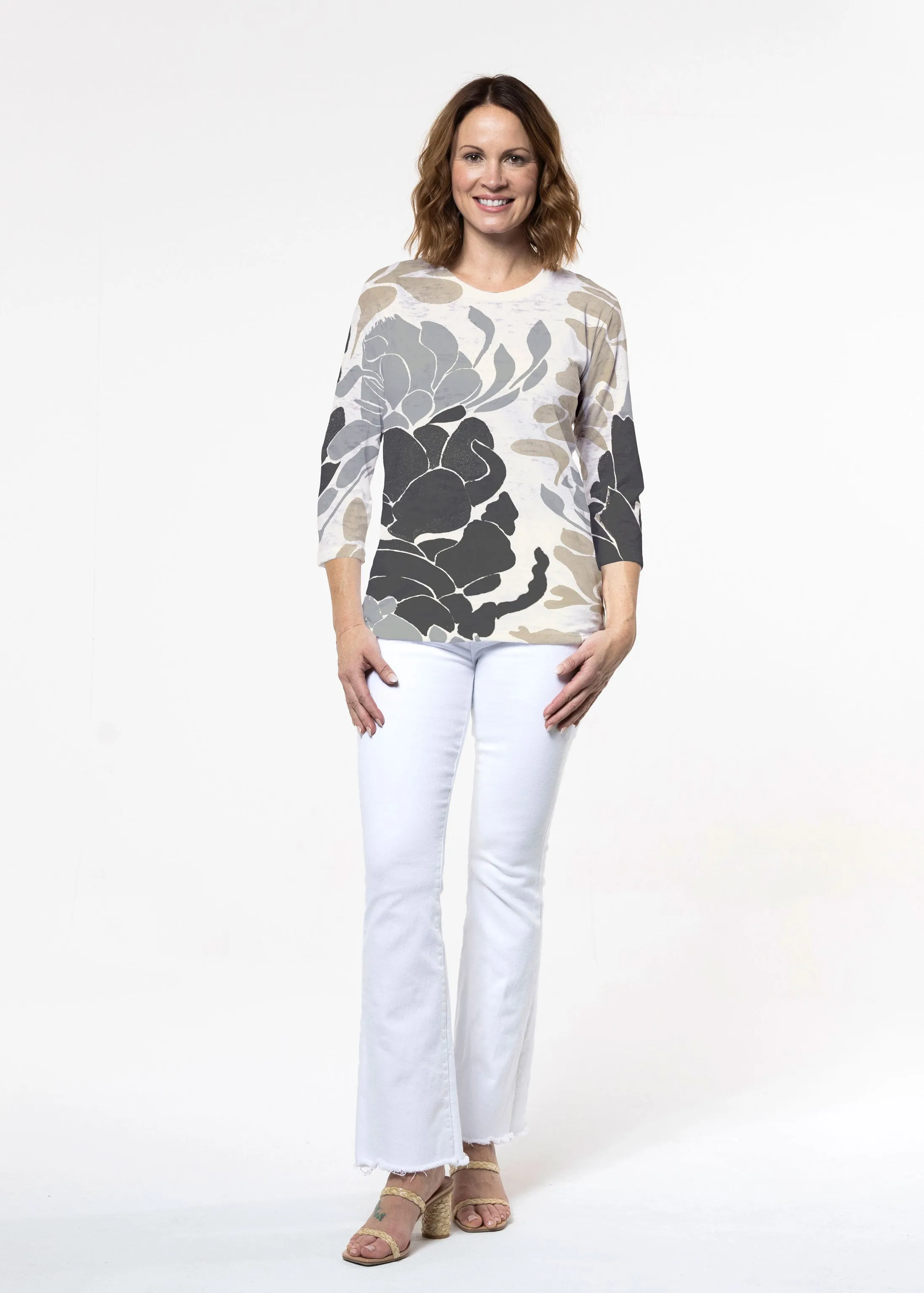 Lotus Grey (23057) ~ Signature 3/4 Sleeve Crew Neck Top