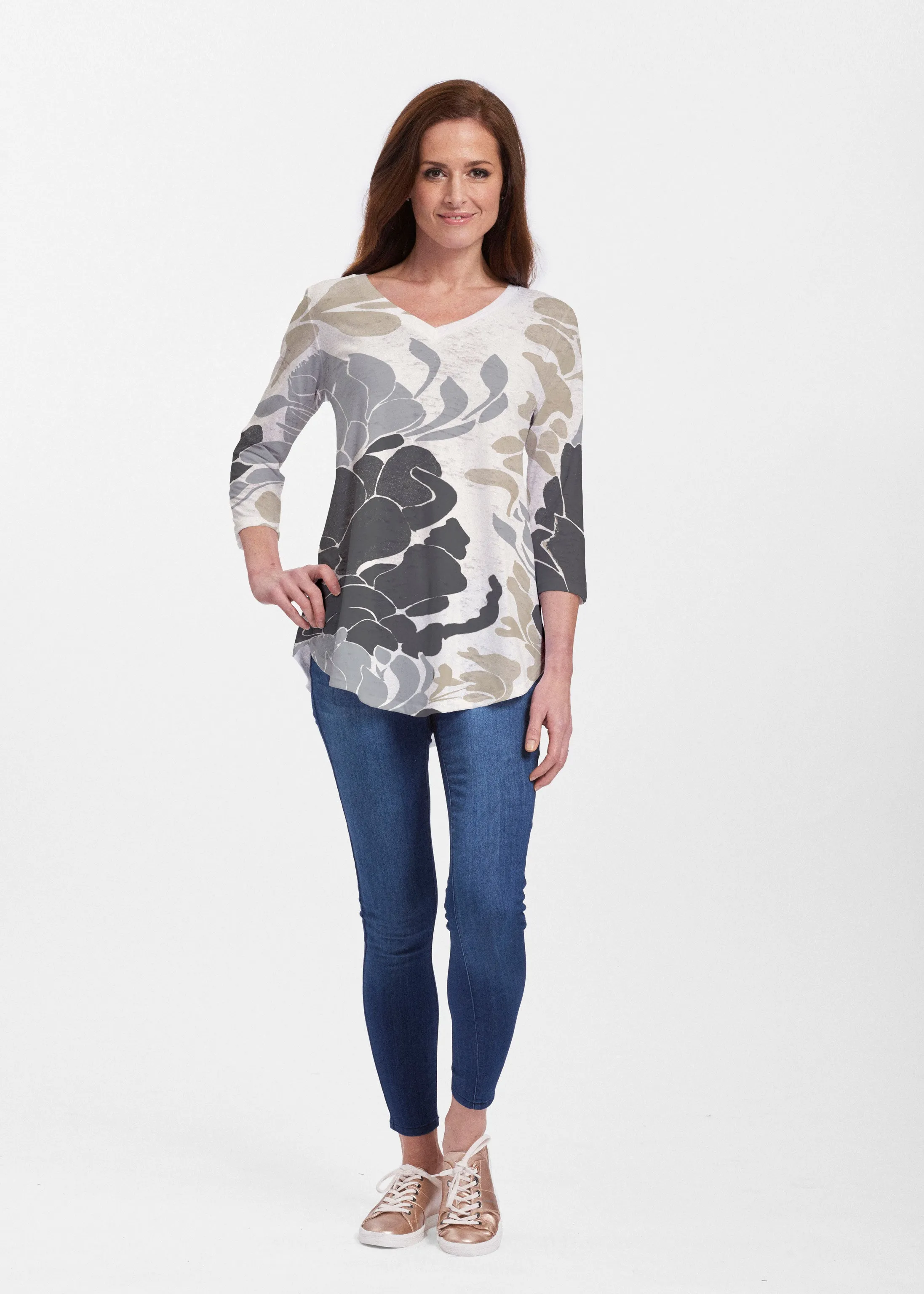 Lotus Grey (23057) ~ V-neck Flowy Tunic