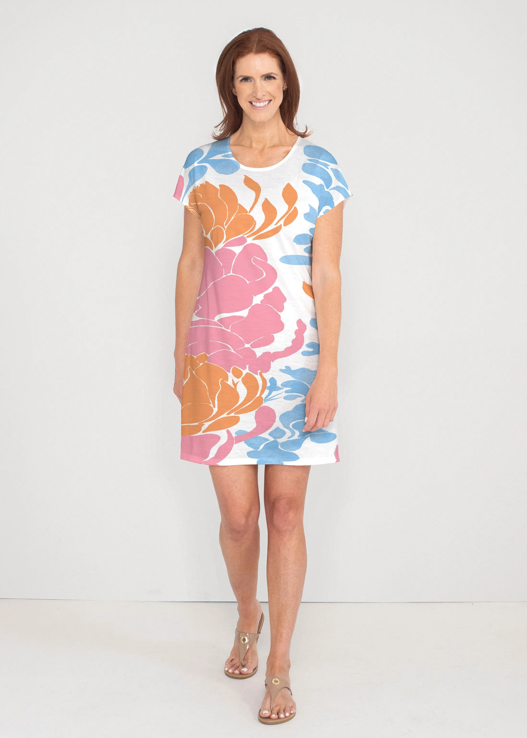 Lotus Pink/Orange (23058) ~ French Terry Short Sleeve Crew Dress