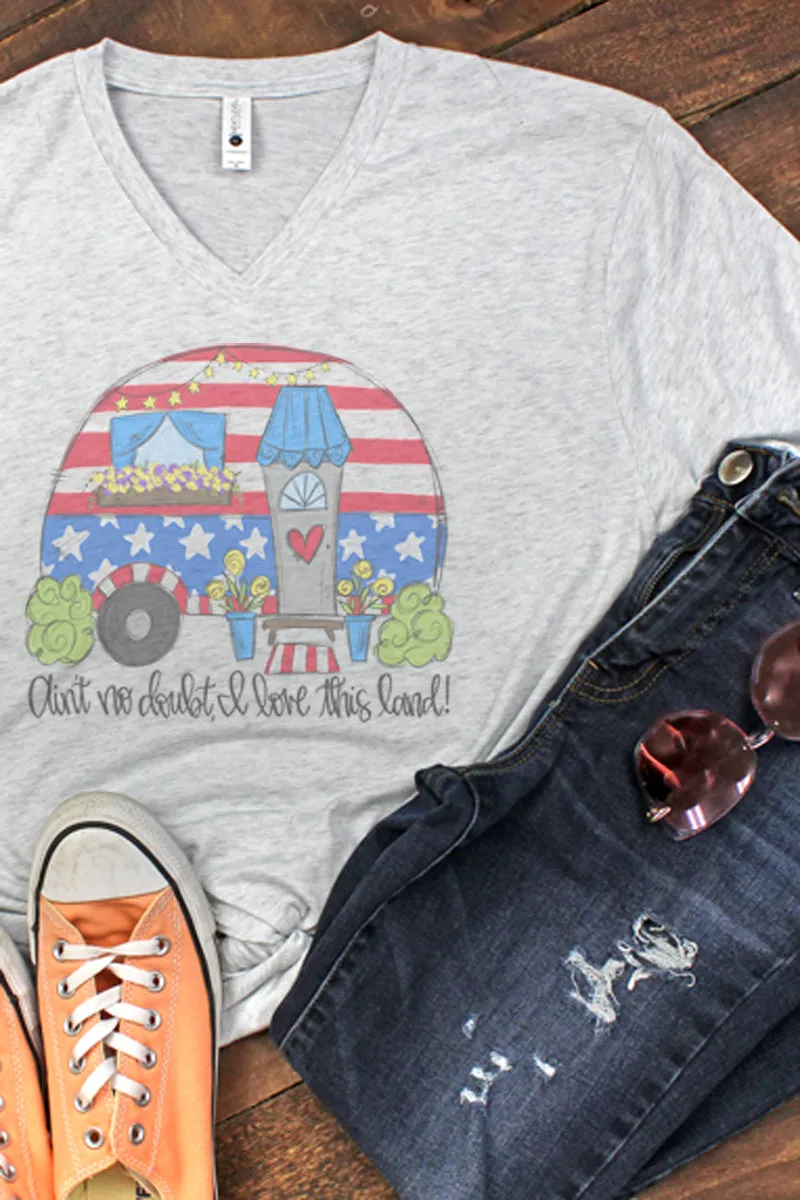 Love This Land Patriotic Camper Tri-Blend V Neck Tee