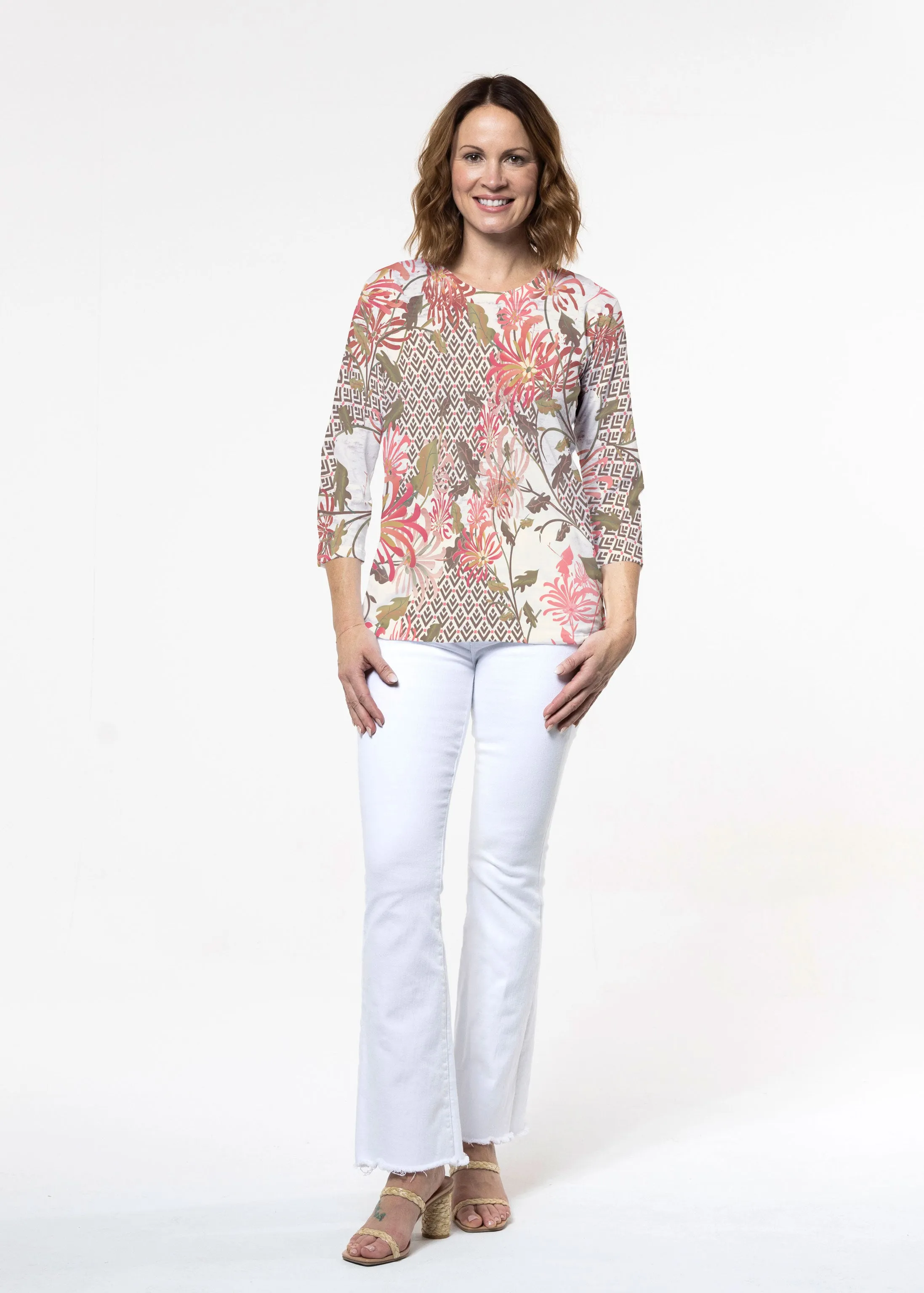 Lucia Chocolate (8129) ~ Signature 3/4 Sleeve Crew Neck Top