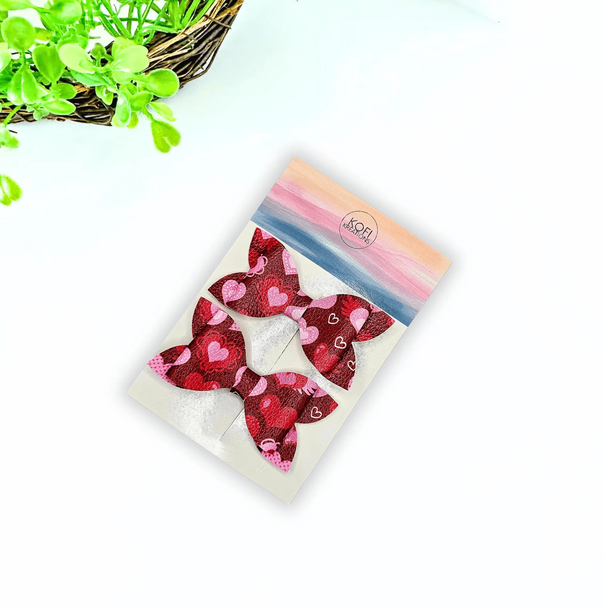 Luna - Burgundy Love Faux Leather Hair Bow Set