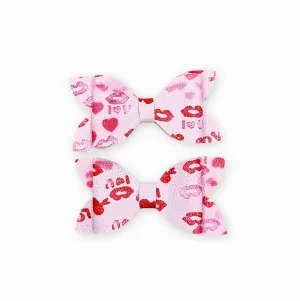 Luna - Pink & Red Kisses Faux Leather Hair Bow Set