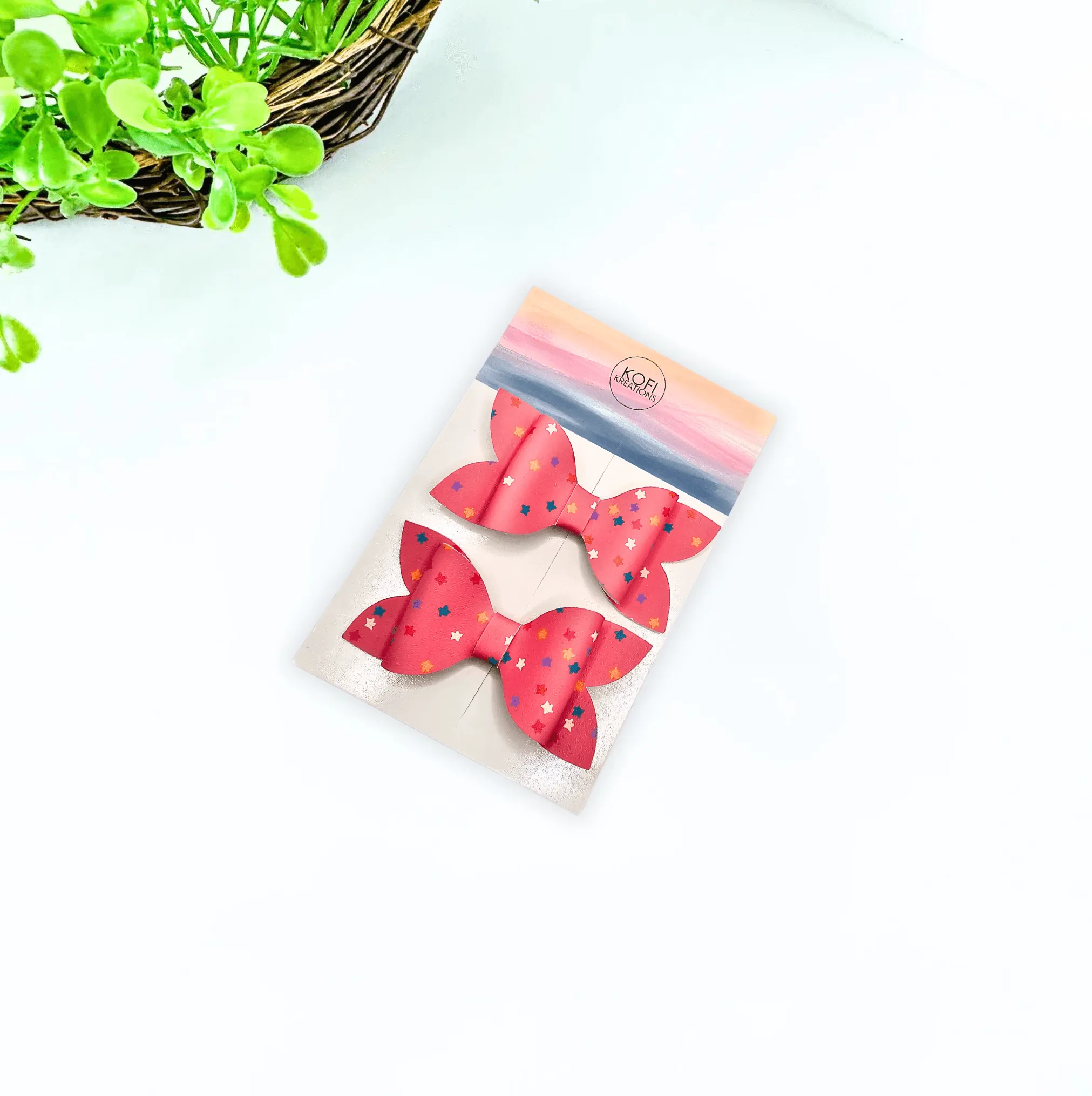 Luna - Pink Stars Faux Leather Hair Bow Set