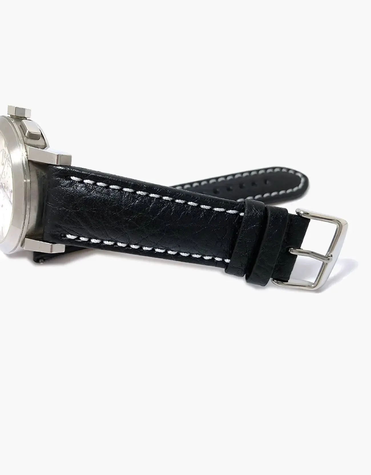 Lux Italian Buffalo Milano Padded Watch Band Black W/white Stitching