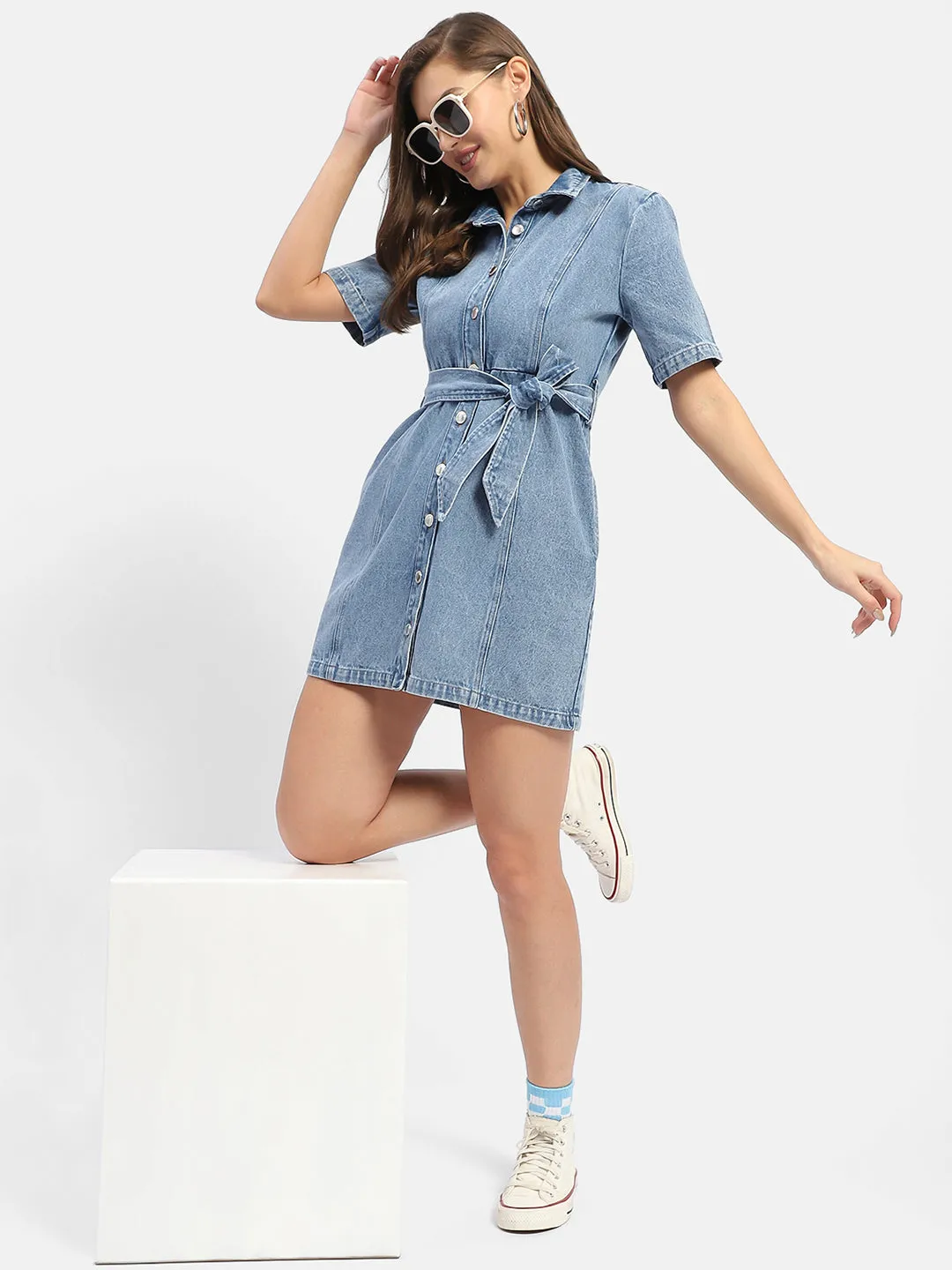Madame Belted Waist Mid Blue Denim Shirt Dress