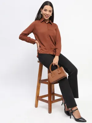 Madame Full Sleeve Solid Coffee Brown Shirt