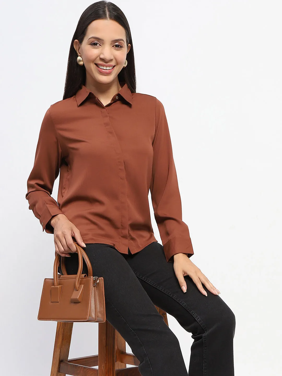 Madame Full Sleeve Solid Coffee Brown Shirt
