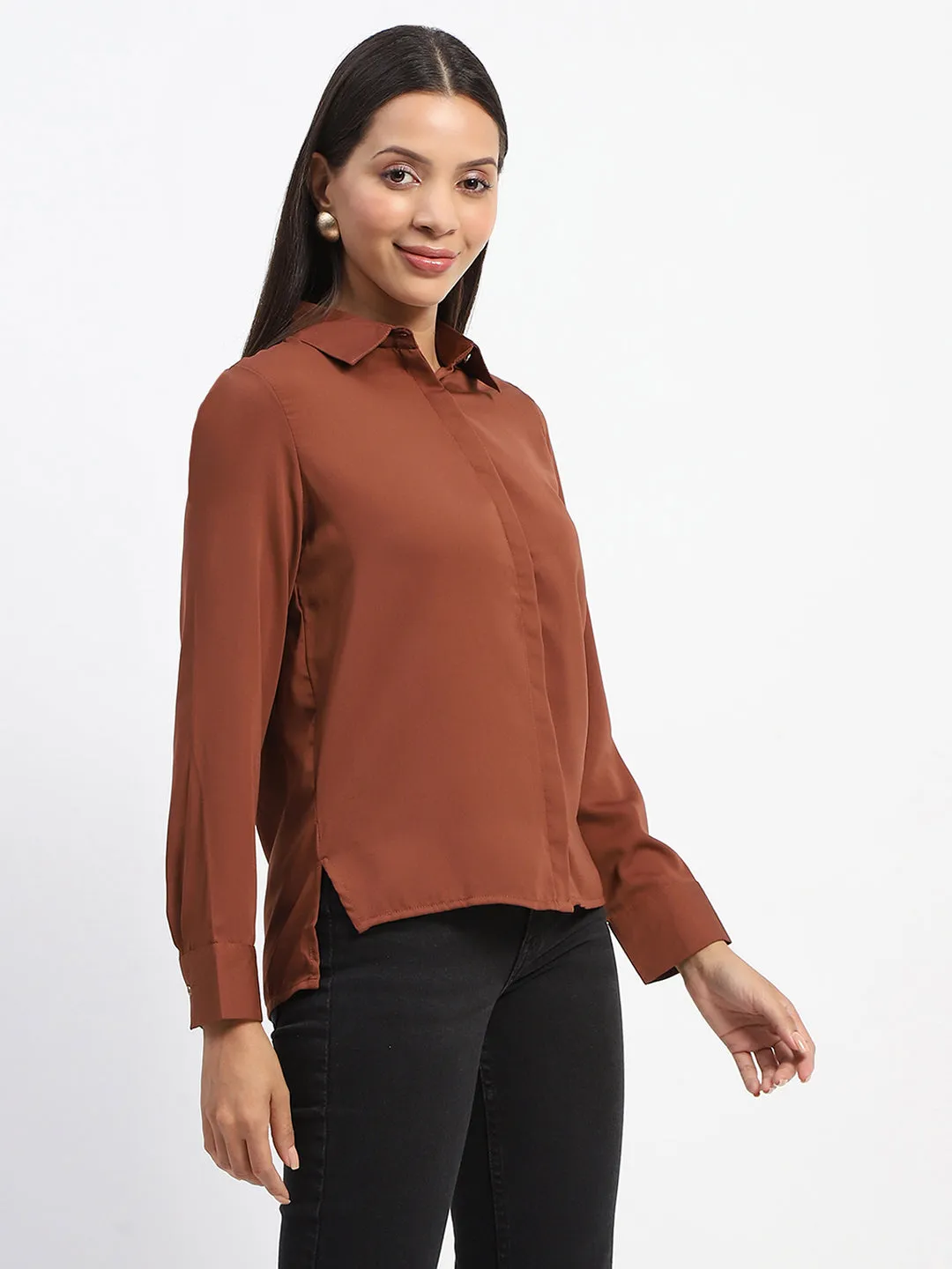Madame Full Sleeve Solid Coffee Brown Shirt