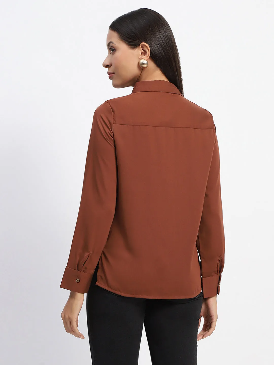 Madame Full Sleeve Solid Coffee Brown Shirt