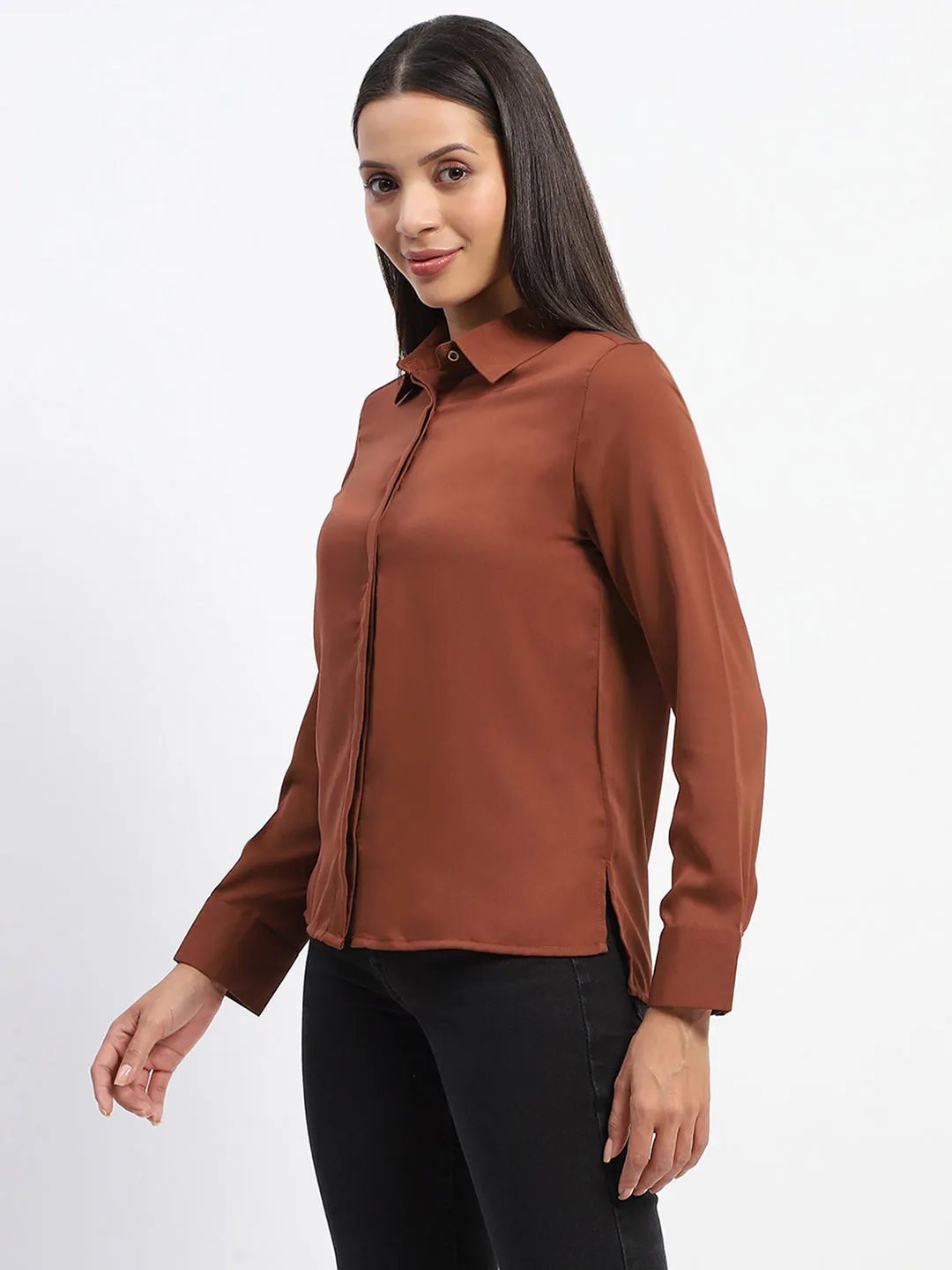 Madame Full Sleeve Solid Coffee Brown Shirt