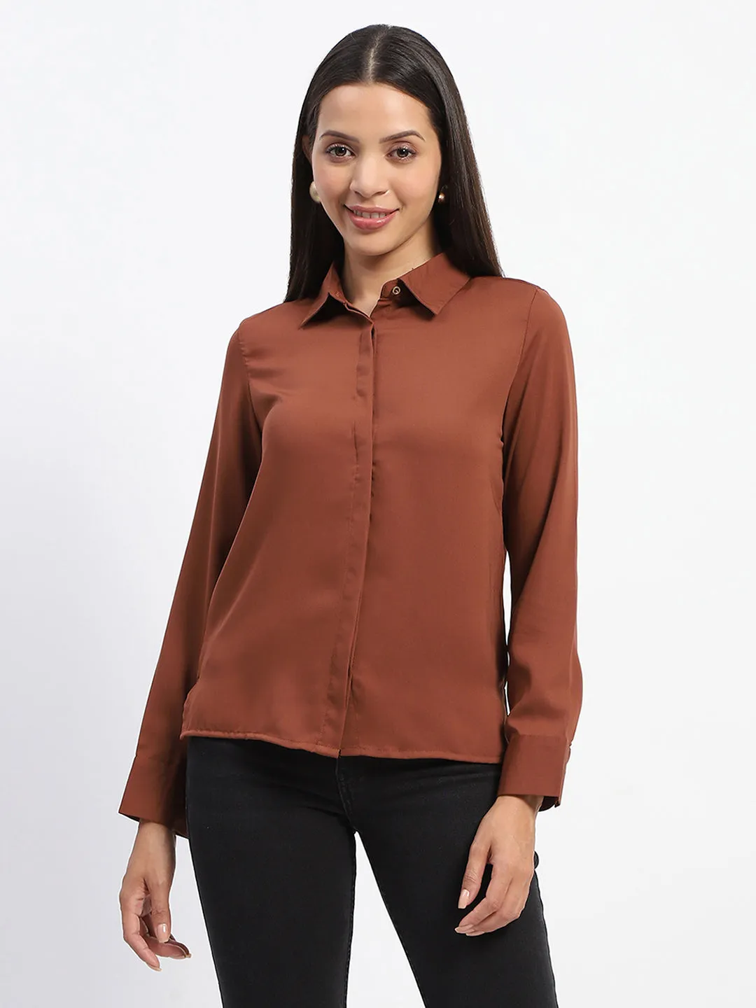 Madame Full Sleeve Solid Coffee Brown Shirt