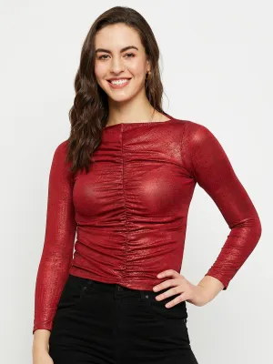 Madame Melange Ruched Front Full Sleeve Red Top