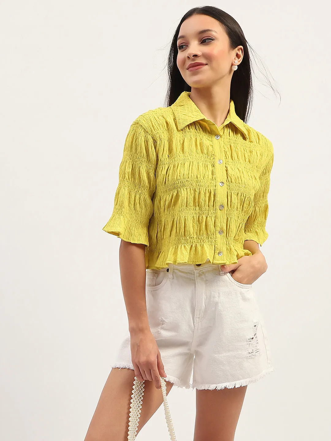 Madame Pleated Detailing Solid Lime Shirt