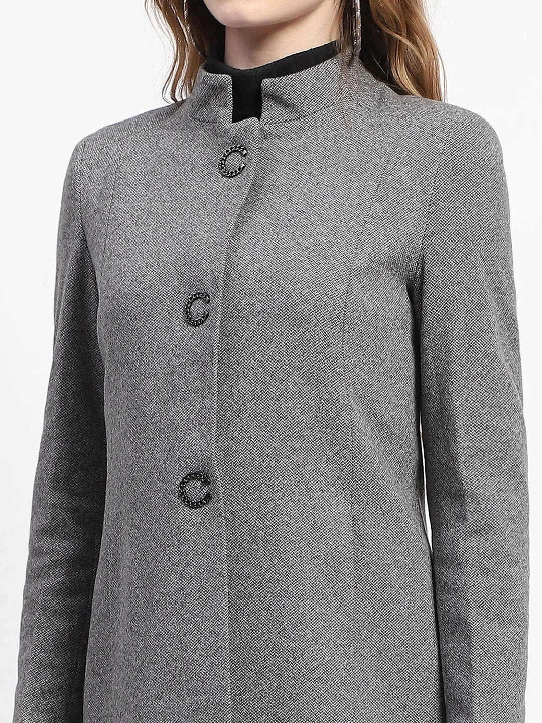Madame Solid Anthra Double Breasted Mandarin Collar Long Coat