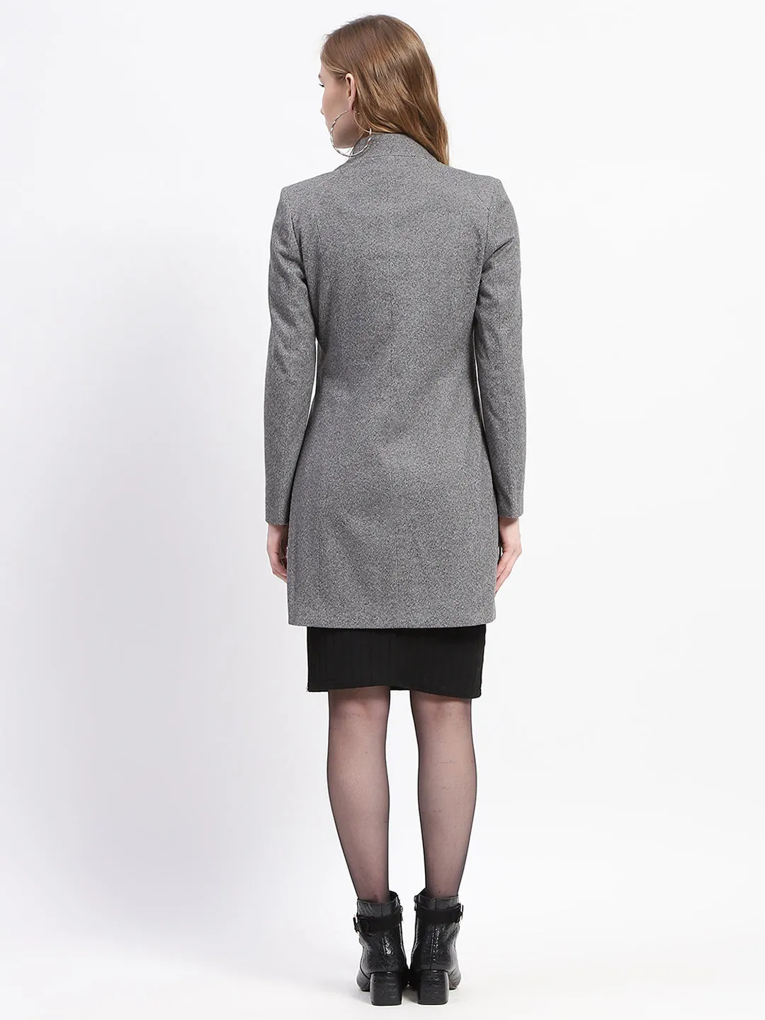 Madame Solid Anthra Double Breasted Mandarin Collar Long Coat