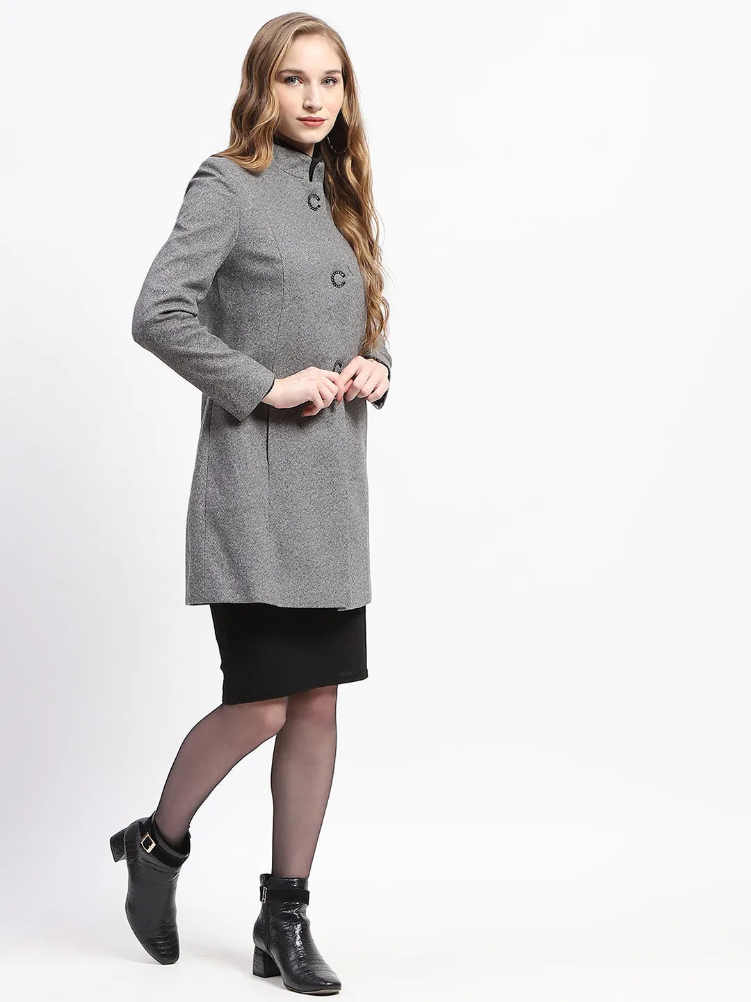 Madame Solid Anthra Double Breasted Mandarin Collar Long Coat