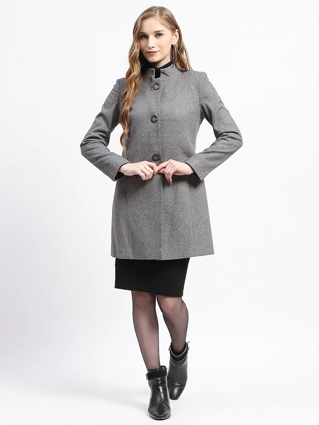 Madame Solid Anthra Double Breasted Mandarin Collar Long Coat