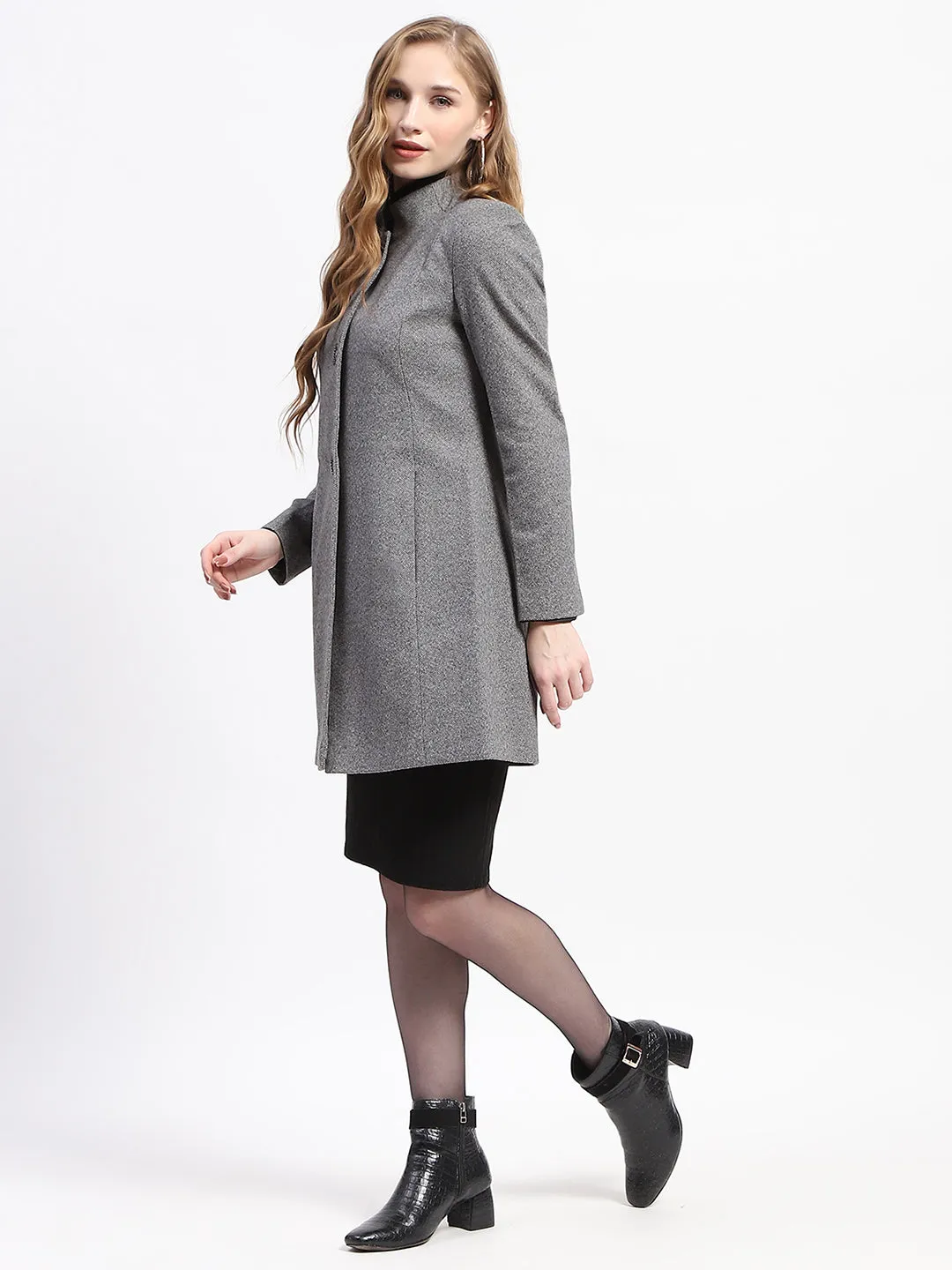 Madame Solid Anthra Double Breasted Mandarin Collar Long Coat