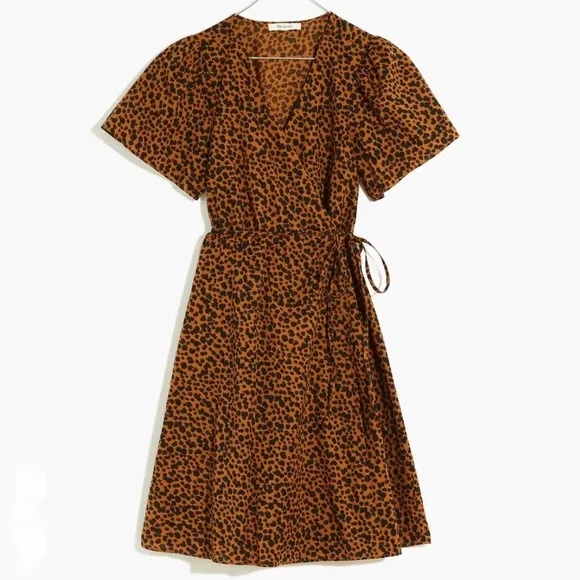 Madewell Petite Flutter-Sleeve Wrap Mini Dress in Painted Leopard