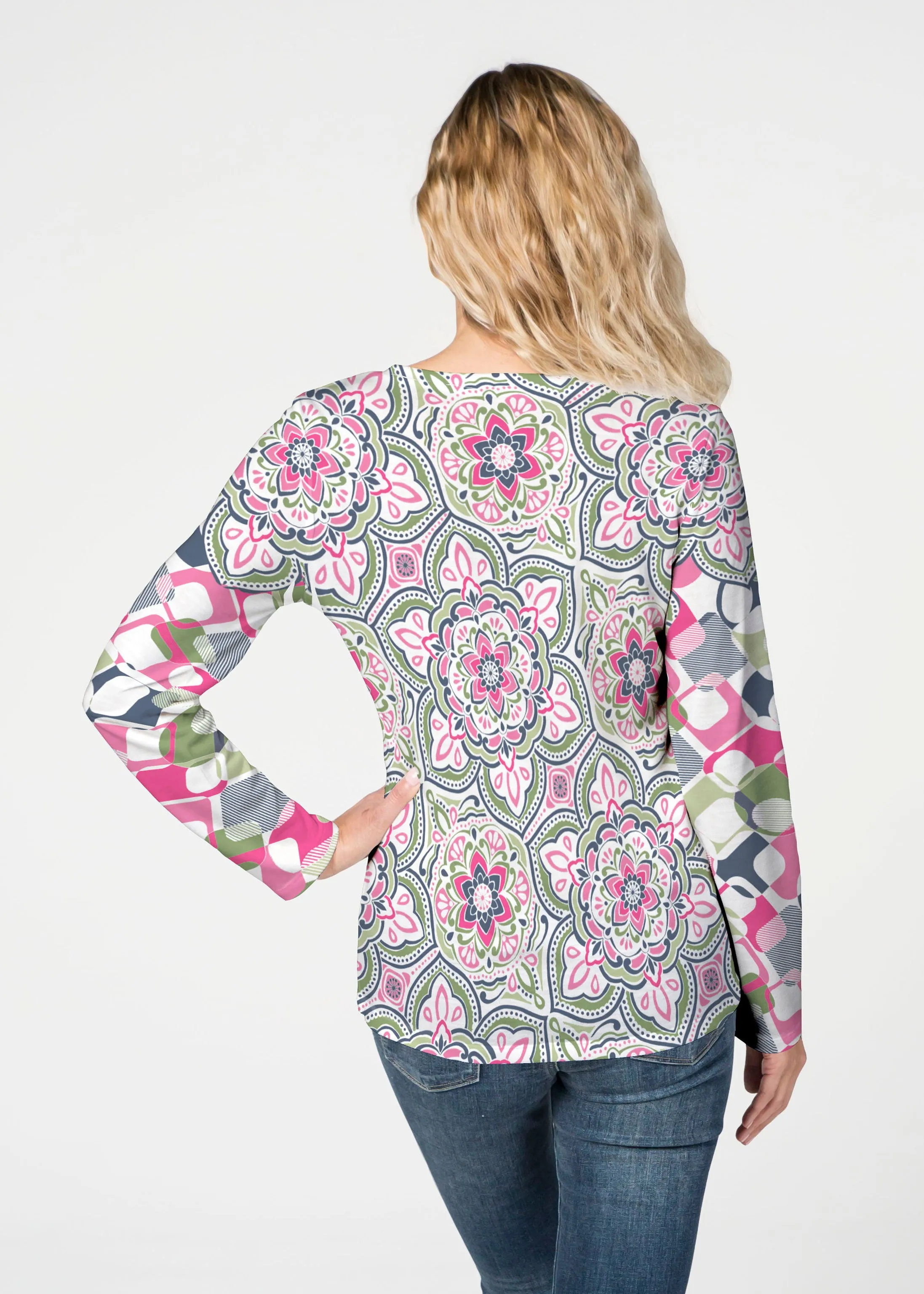Mandala Geo Blue (13503) ~ French Terry V-neck Top
