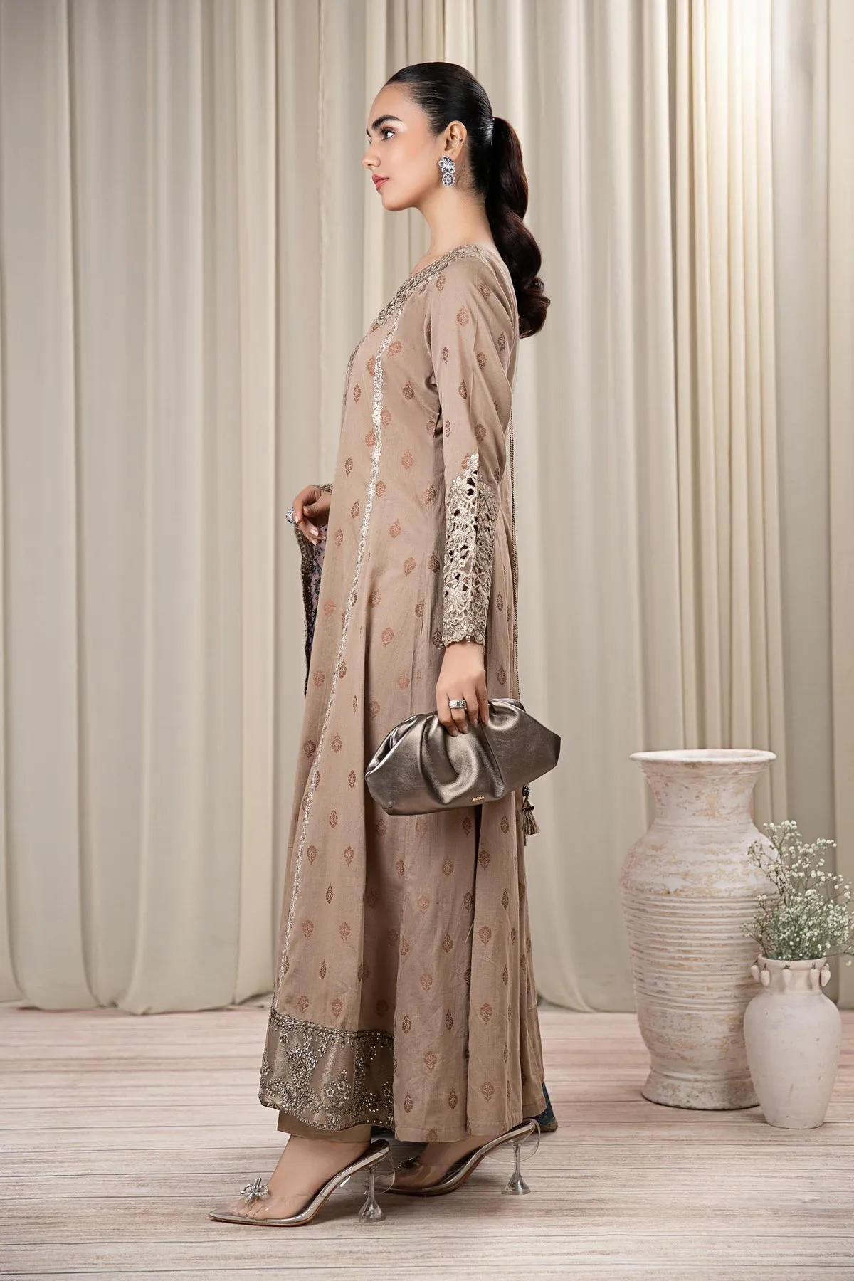 Maria B Coffee Shade Embroidered Luxury Pret Pakistani Party Dress