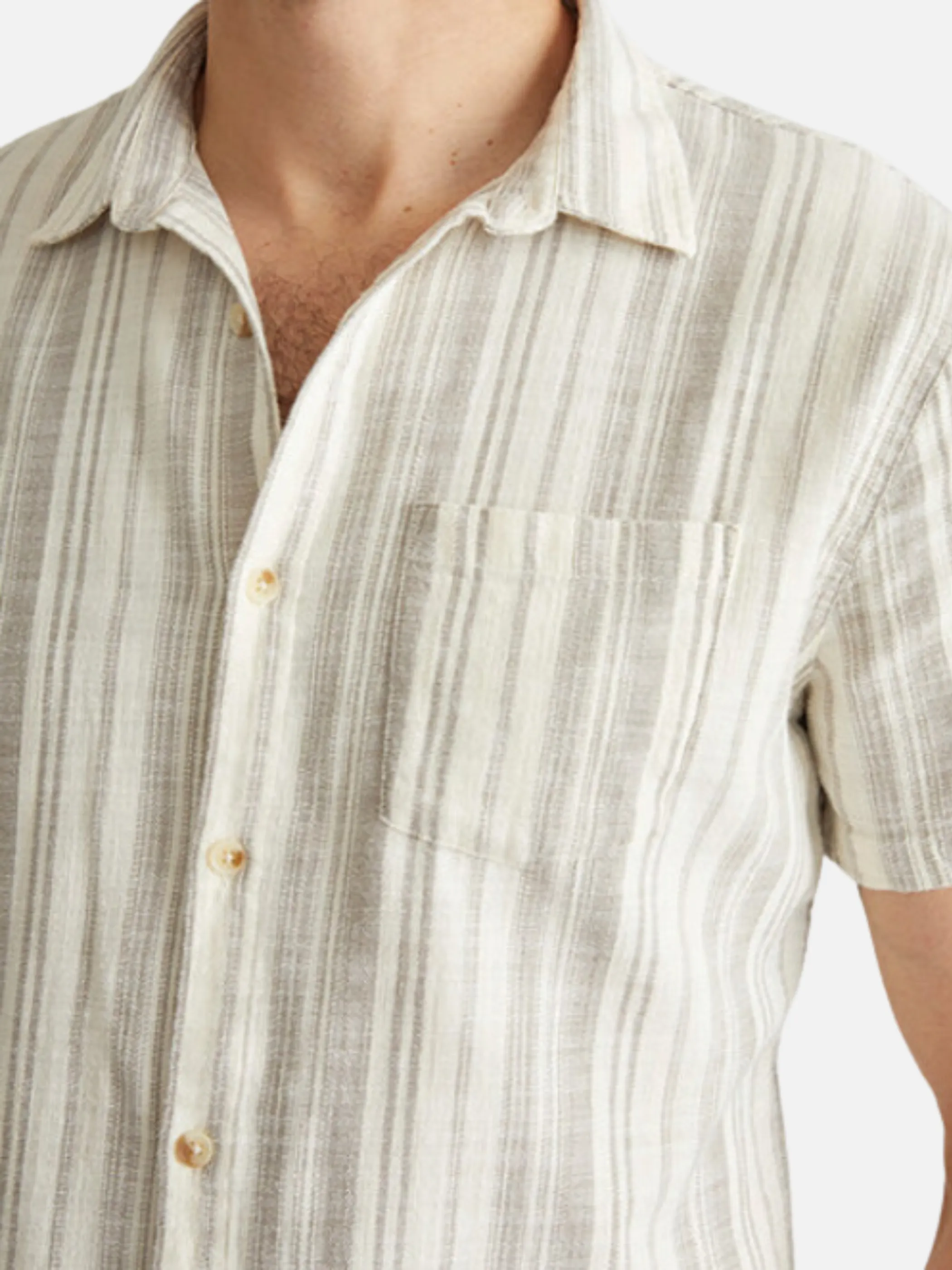 Marine Layer Classic Stretch Selvage Shirt - Cream Olive Stripe