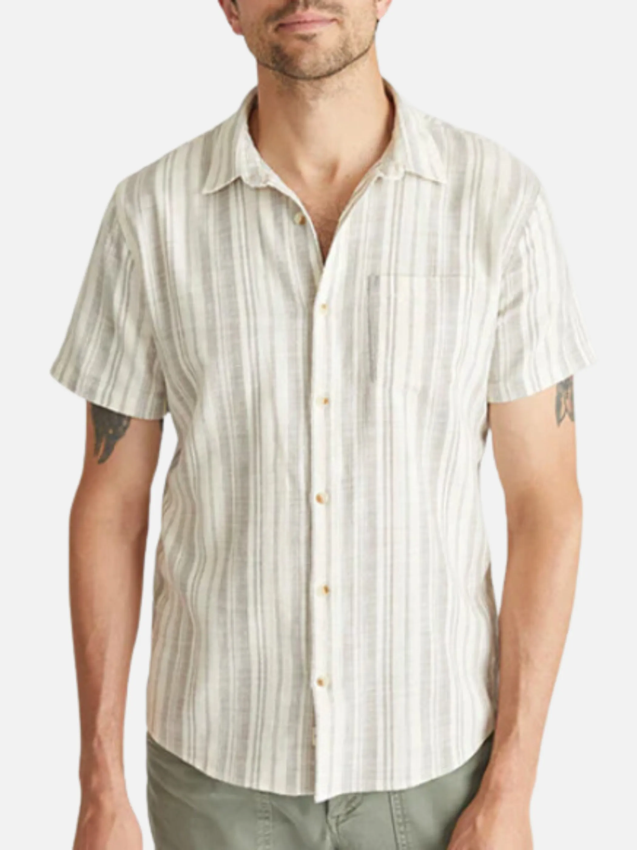 Marine Layer Classic Stretch Selvage Shirt - Cream Olive Stripe