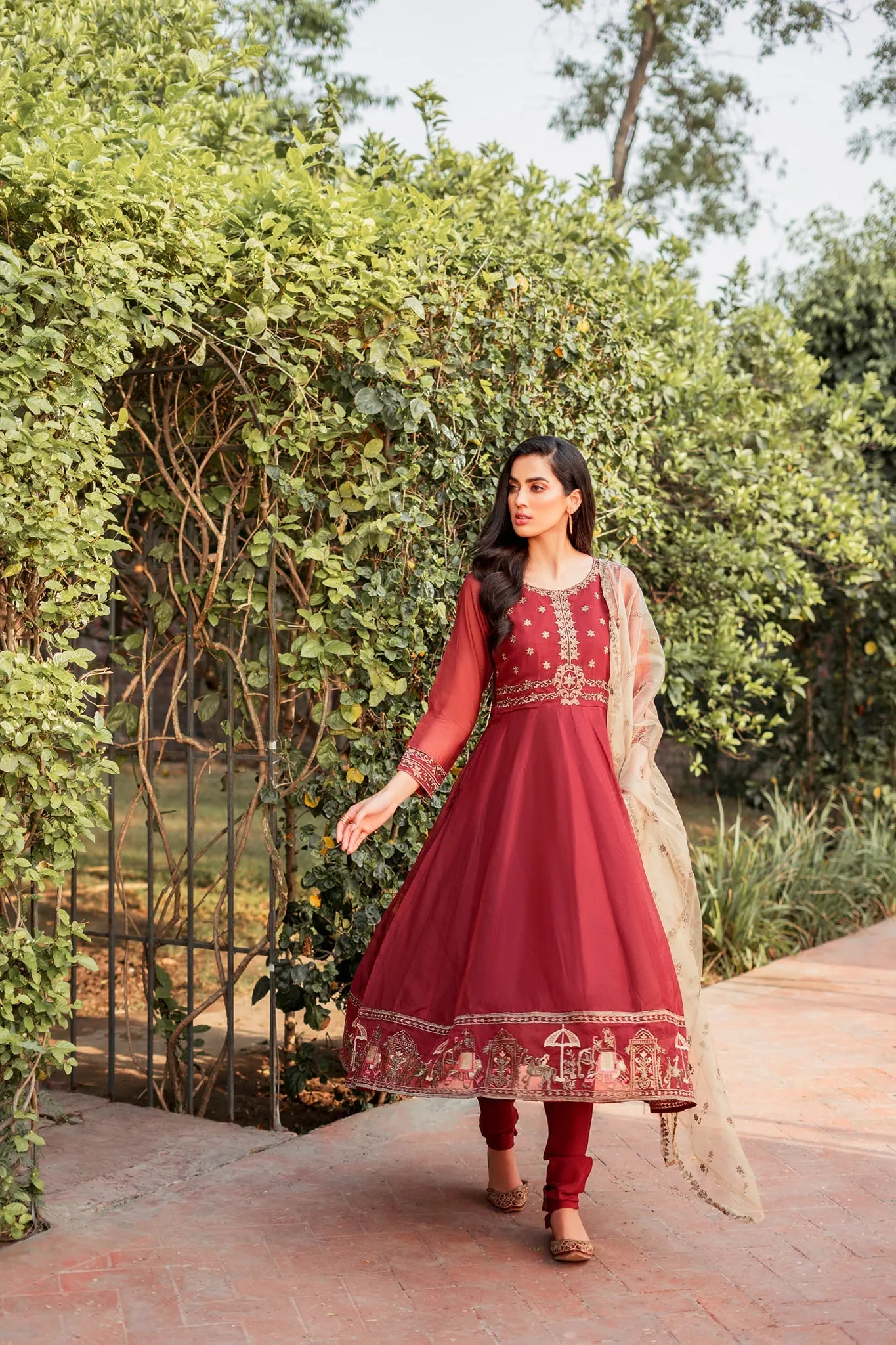 Maroon Embroidered Frock Churidar Pakistani Eid Dress