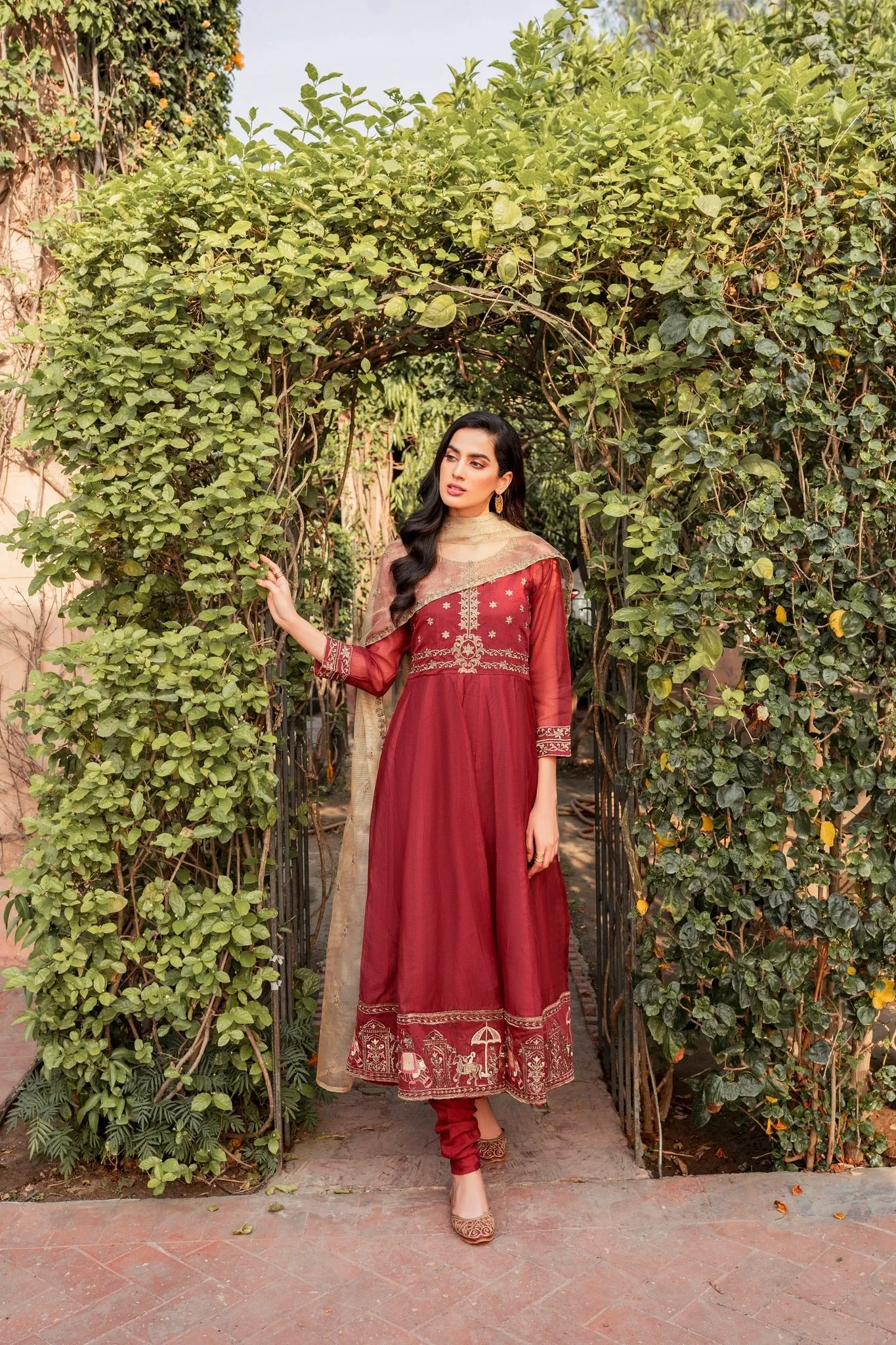 Maroon Embroidered Frock Churidar Pakistani Eid Dress