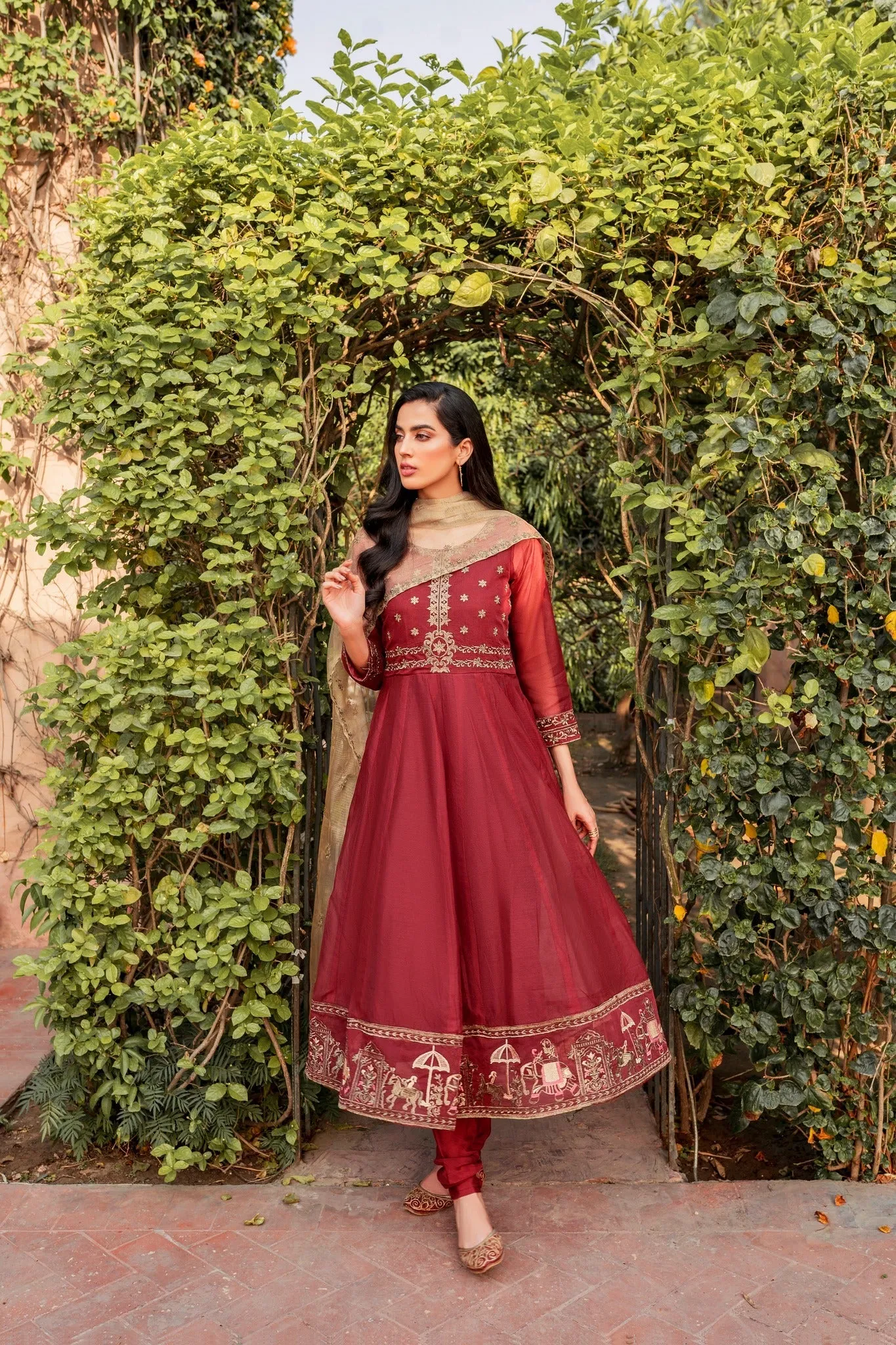Maroon Embroidered Frock Churidar Pakistani Eid Dress
