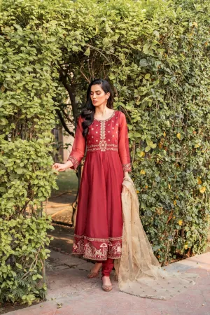 Maroon Embroidered Frock Churidar Pakistani Eid Dress