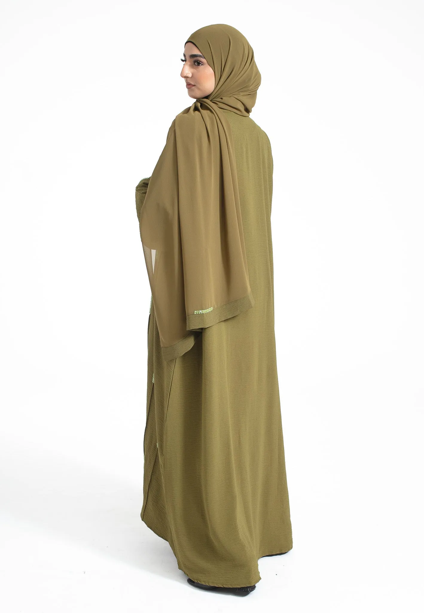 Matcha Crystal Embellished Open Abaya (Premium)