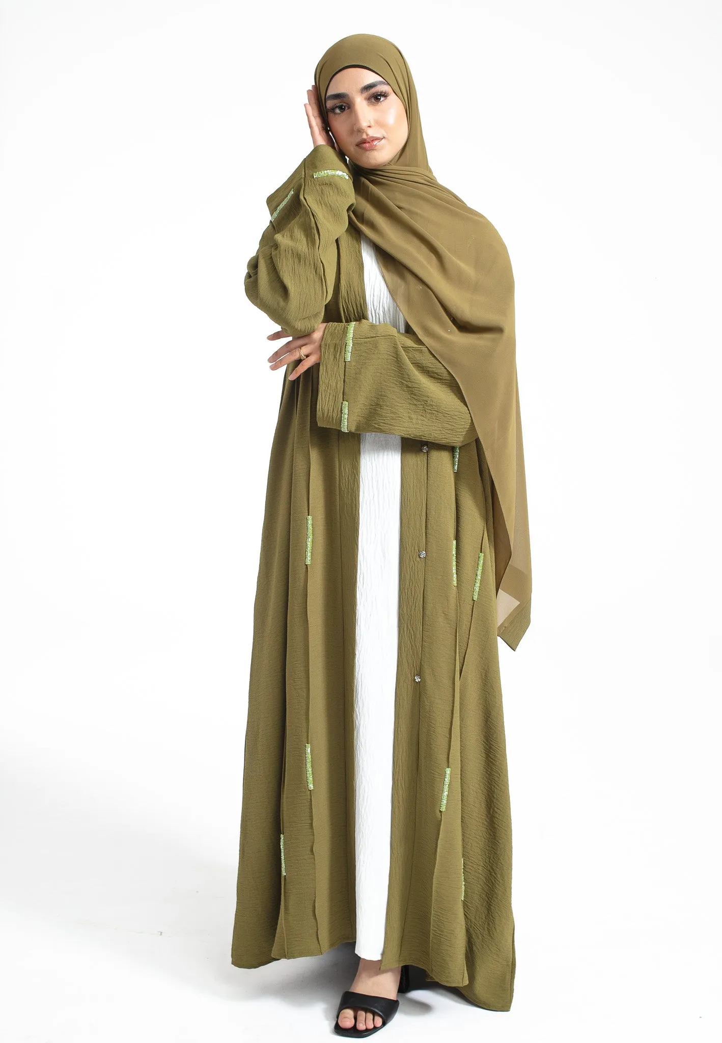Matcha Crystal Embellished Open Abaya (Premium)