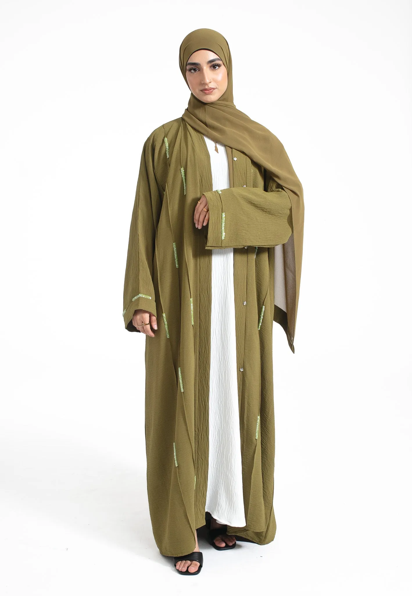 Matcha Crystal Embellished Open Abaya (Premium)