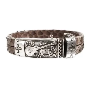 Matt Brown Snake Skin Leather Bracelet with Hand Crafted Sterling Silver Closure