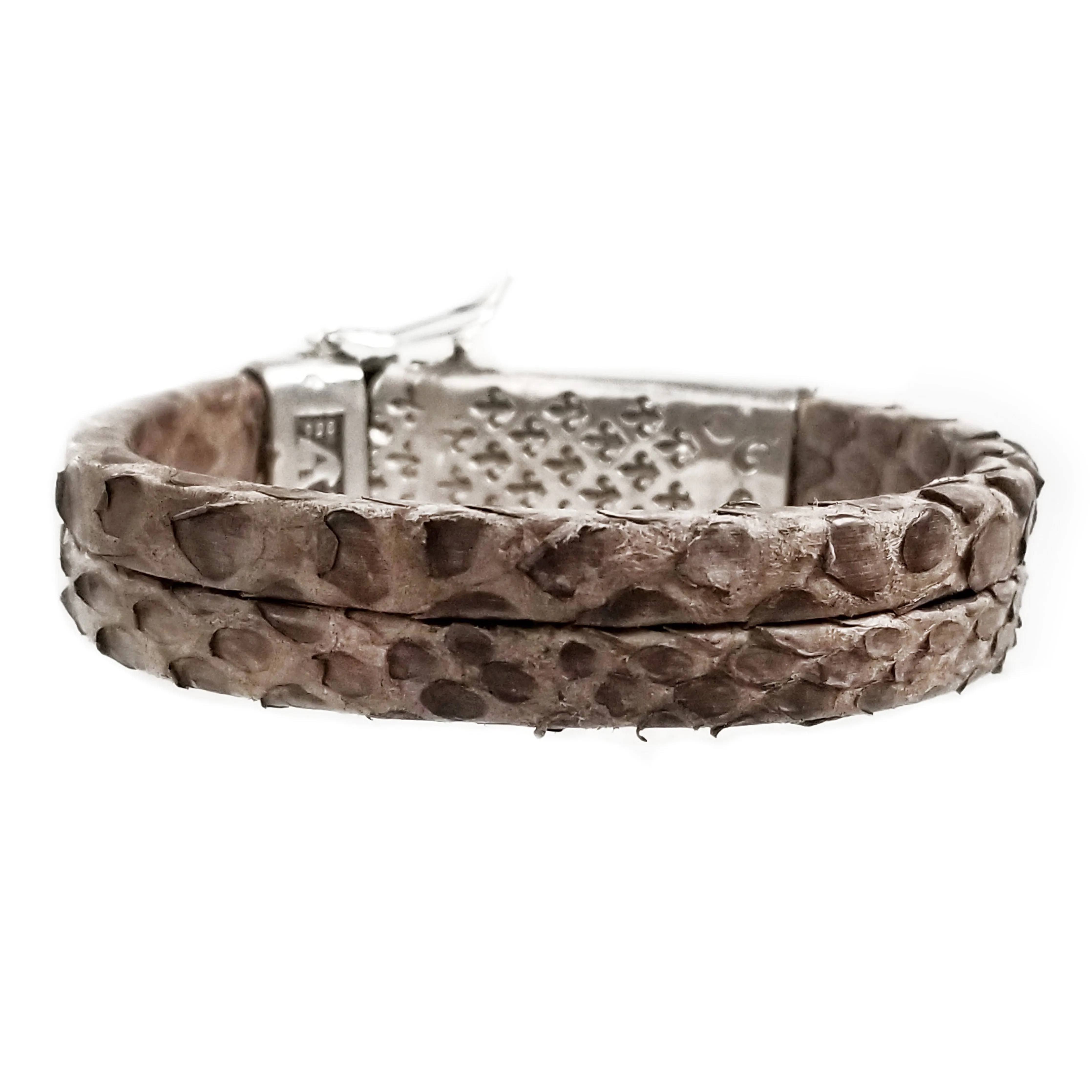 Matt Brown Snake Skin Leather Bracelet with Hand Crafted Sterling Silver Closure