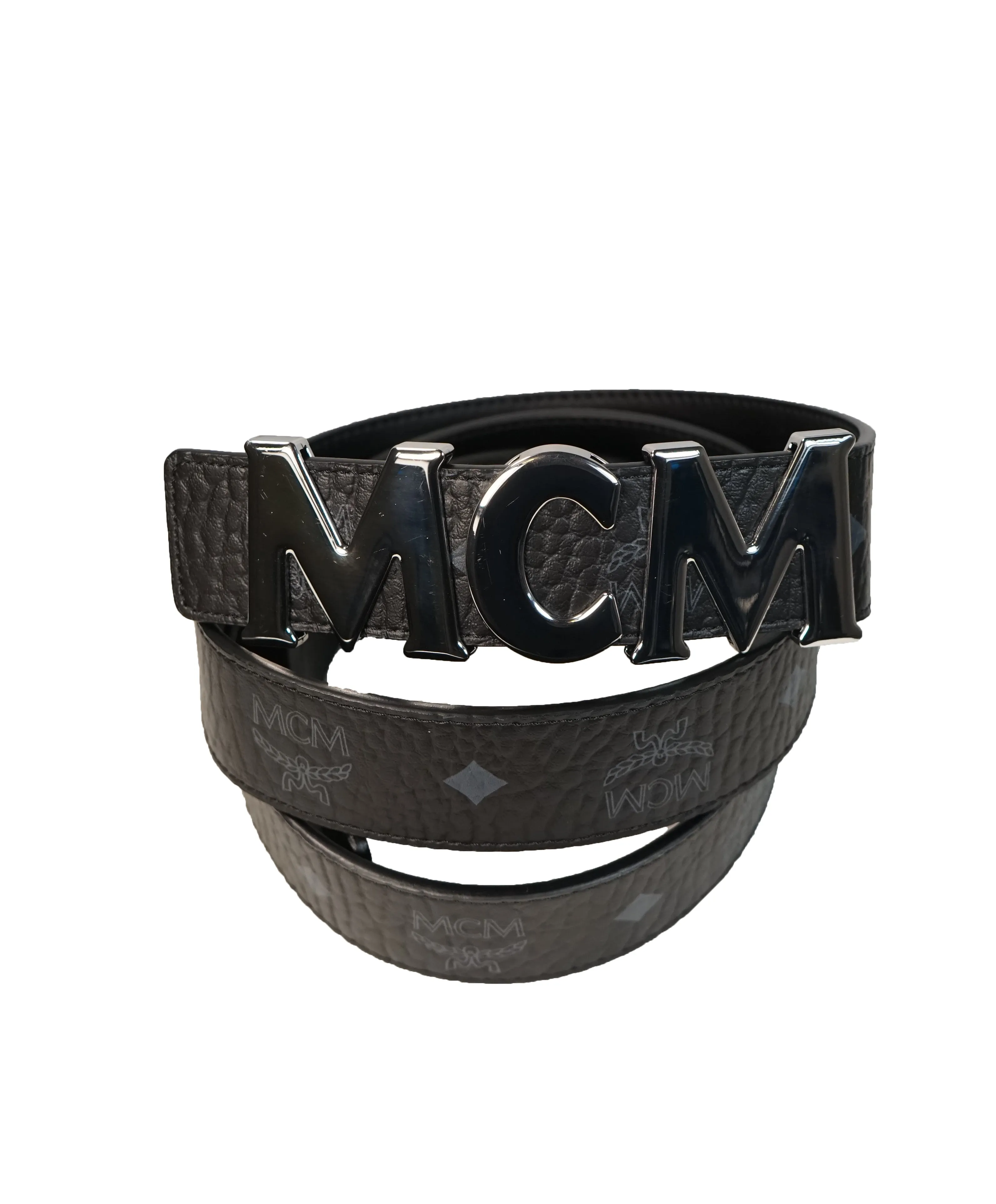 MCM - Black & Gray Logo Letter Leather Belt -  42W